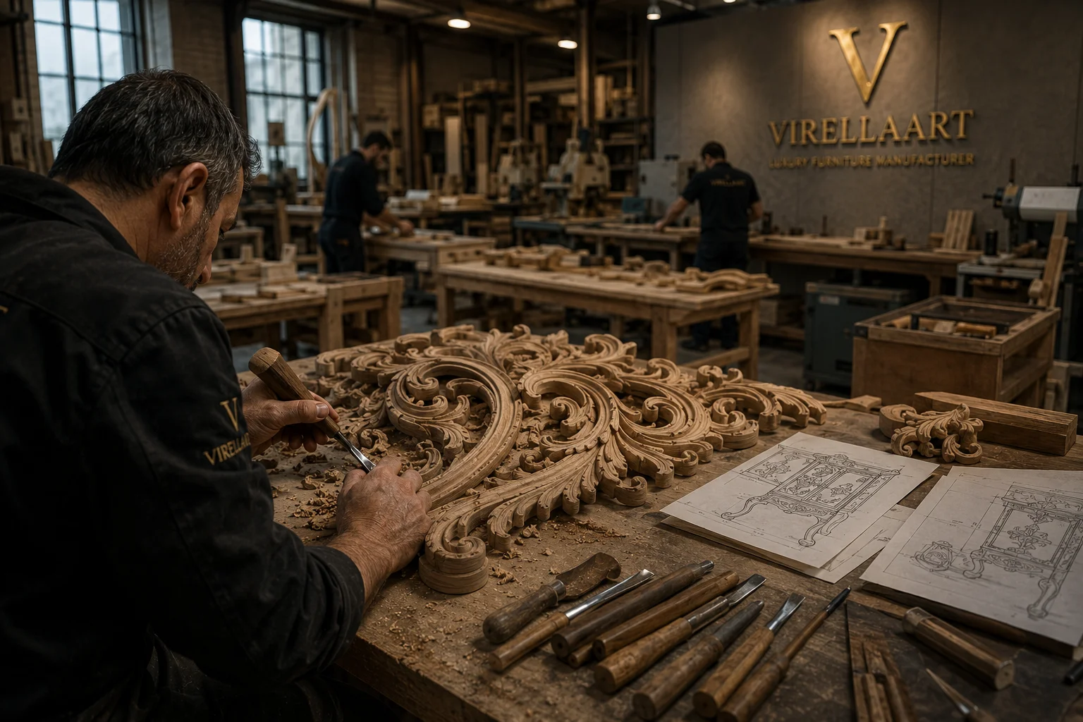 Detailed decorative wood carving process