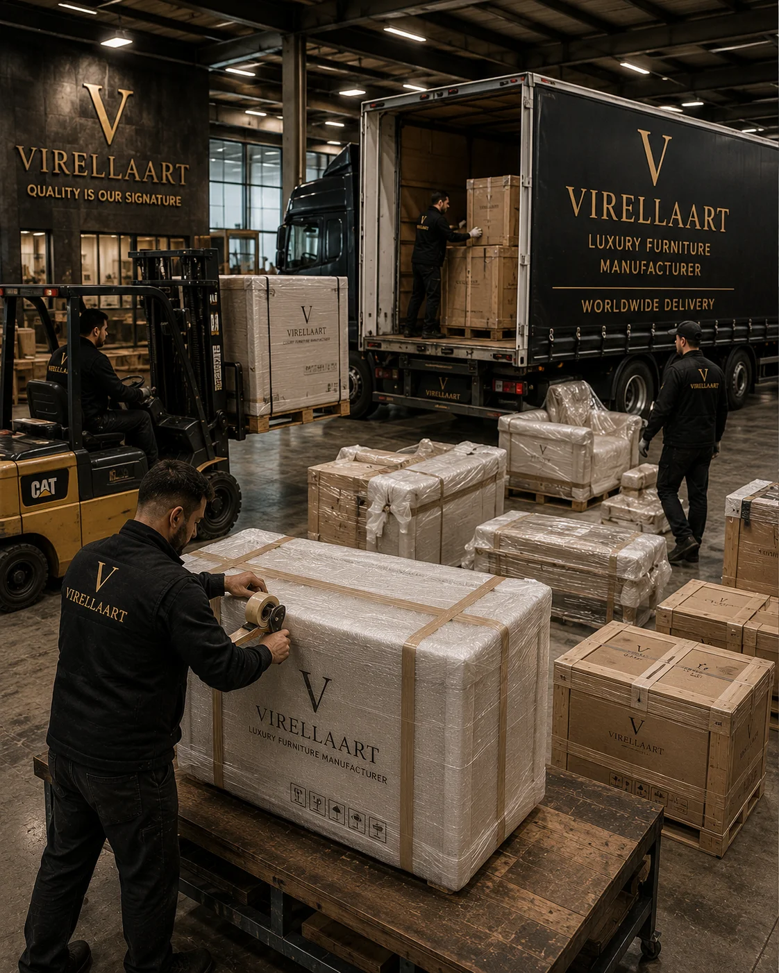 Protected furniture packaging and worldwide delivery preparation