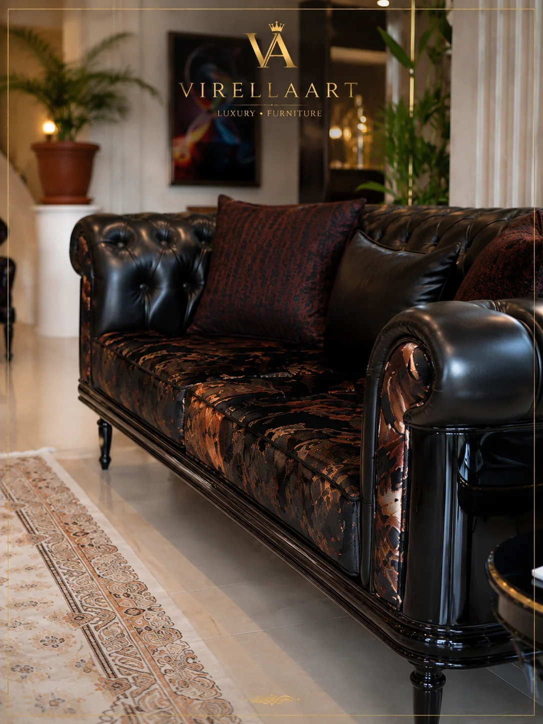 Alex black tufted sofa close-up with rolled arms, patterned seat upholstery and decorative cushions