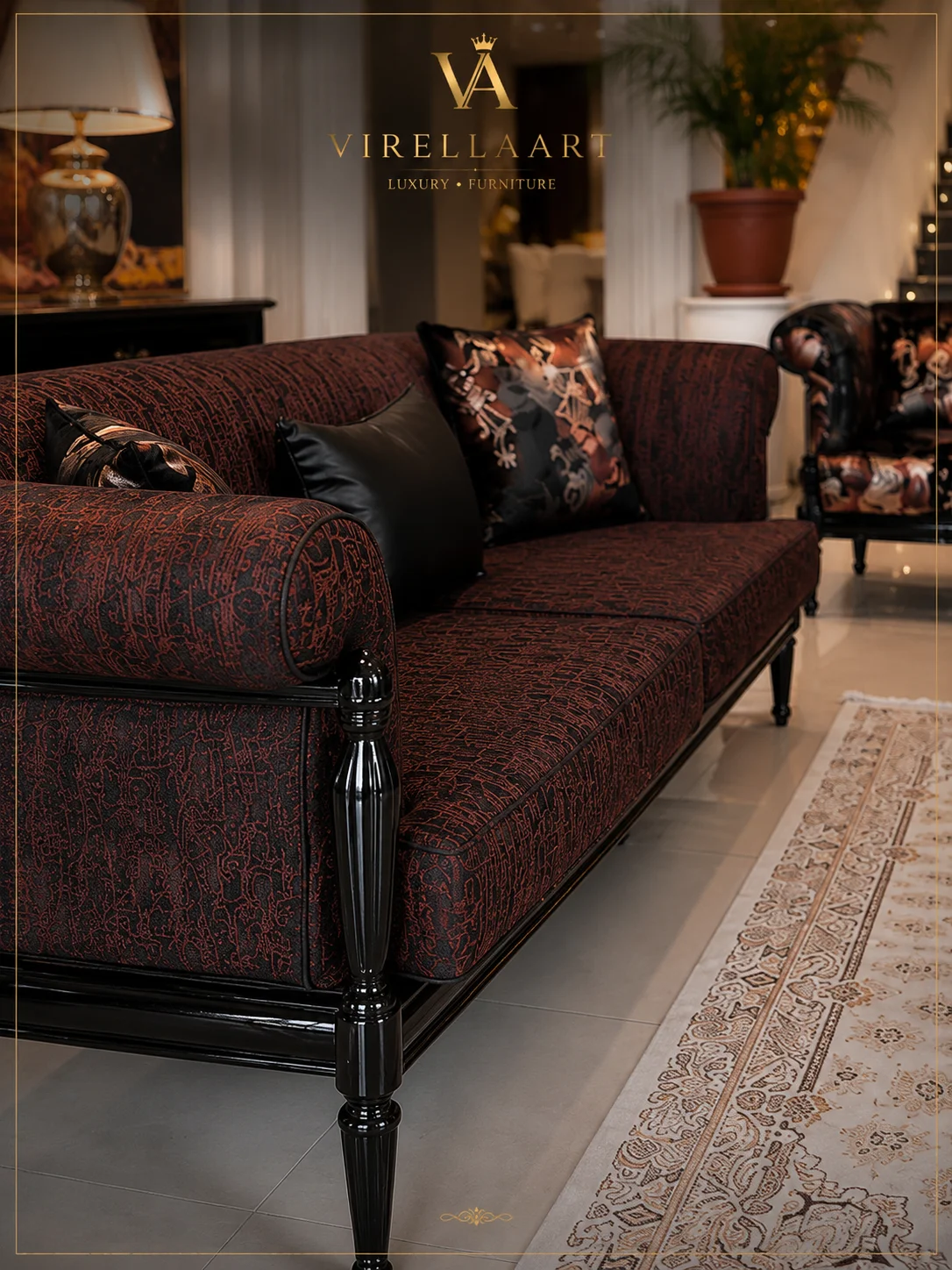 Alex burgundy patterned sofa close-up with rounded arms, black frame and turned front legs