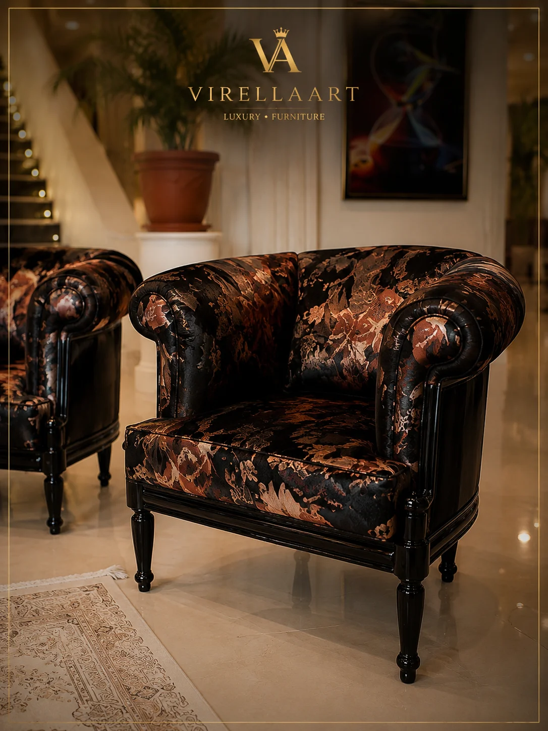 Alex black floral armchair with rolled arms, patterned upholstery and black turned legs