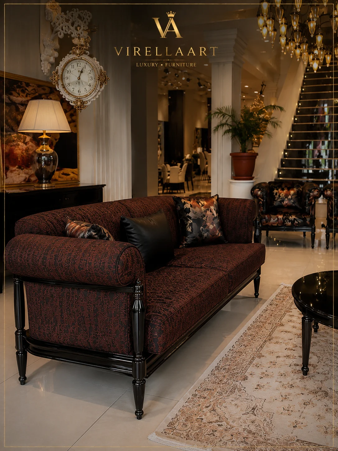 Alex burgundy patterned sofa three-quarter view with black frame, decorative cushions and matching armchair