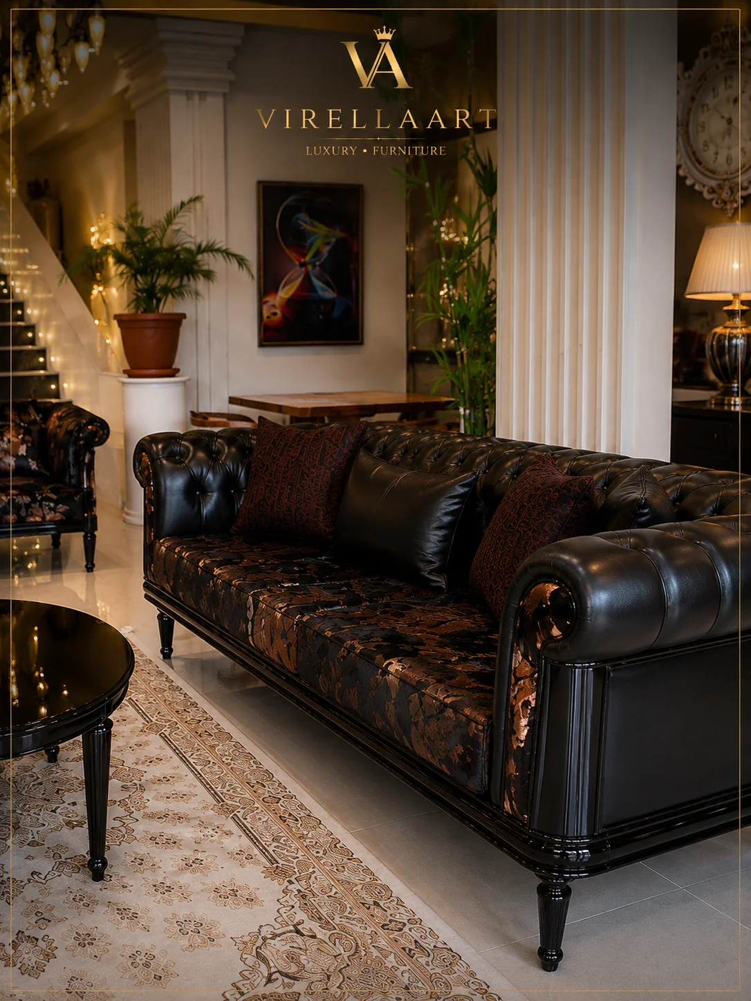 Alex black tufted sofa three-quarter view with patterned seat upholstery and round black center table