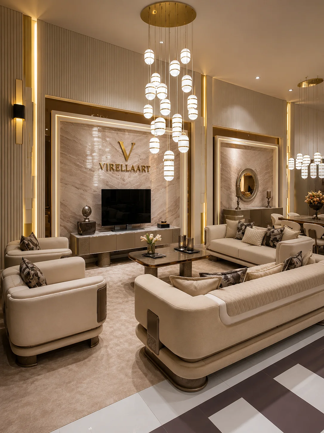 Complete Aspendos living room set with two sofas, two armchairs, center table and TV unit in an illuminated luxury interior