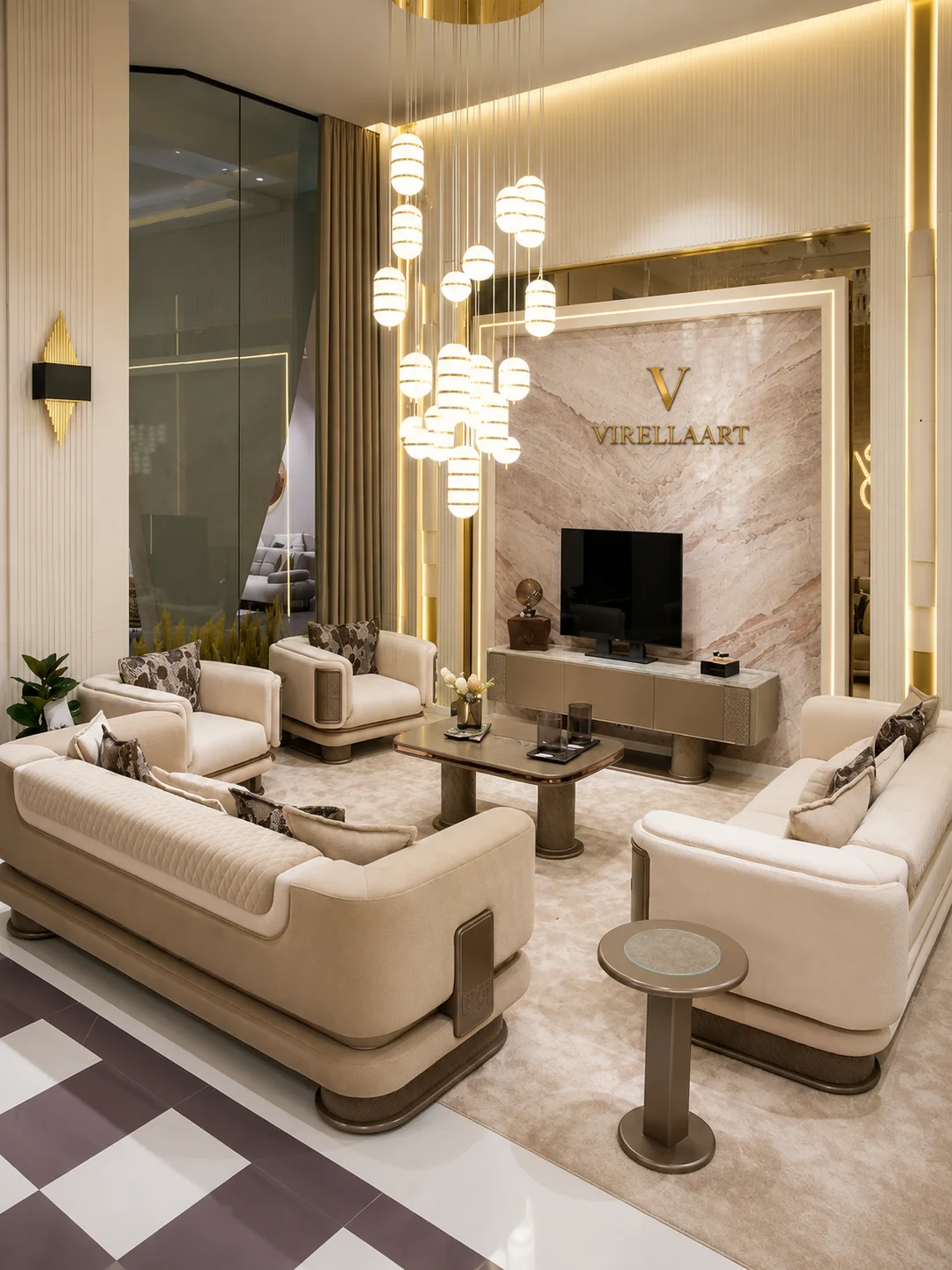 Aspendos living room arrangement with ivory sofas, armchairs, center table, side table and matching TV unit