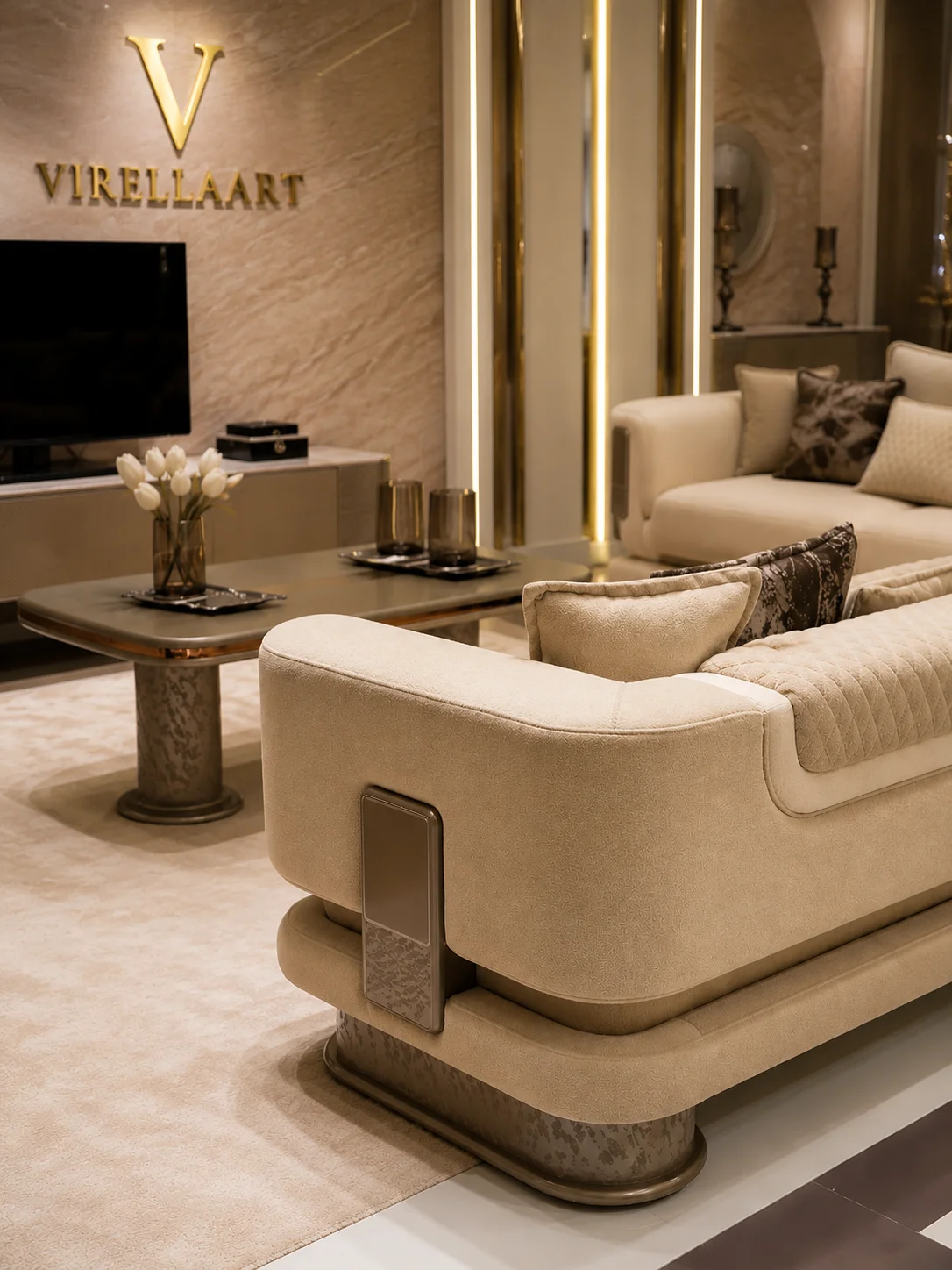 Rear three-quarter view of an Aspendos ivory sofa beside the center table and matching TV unit