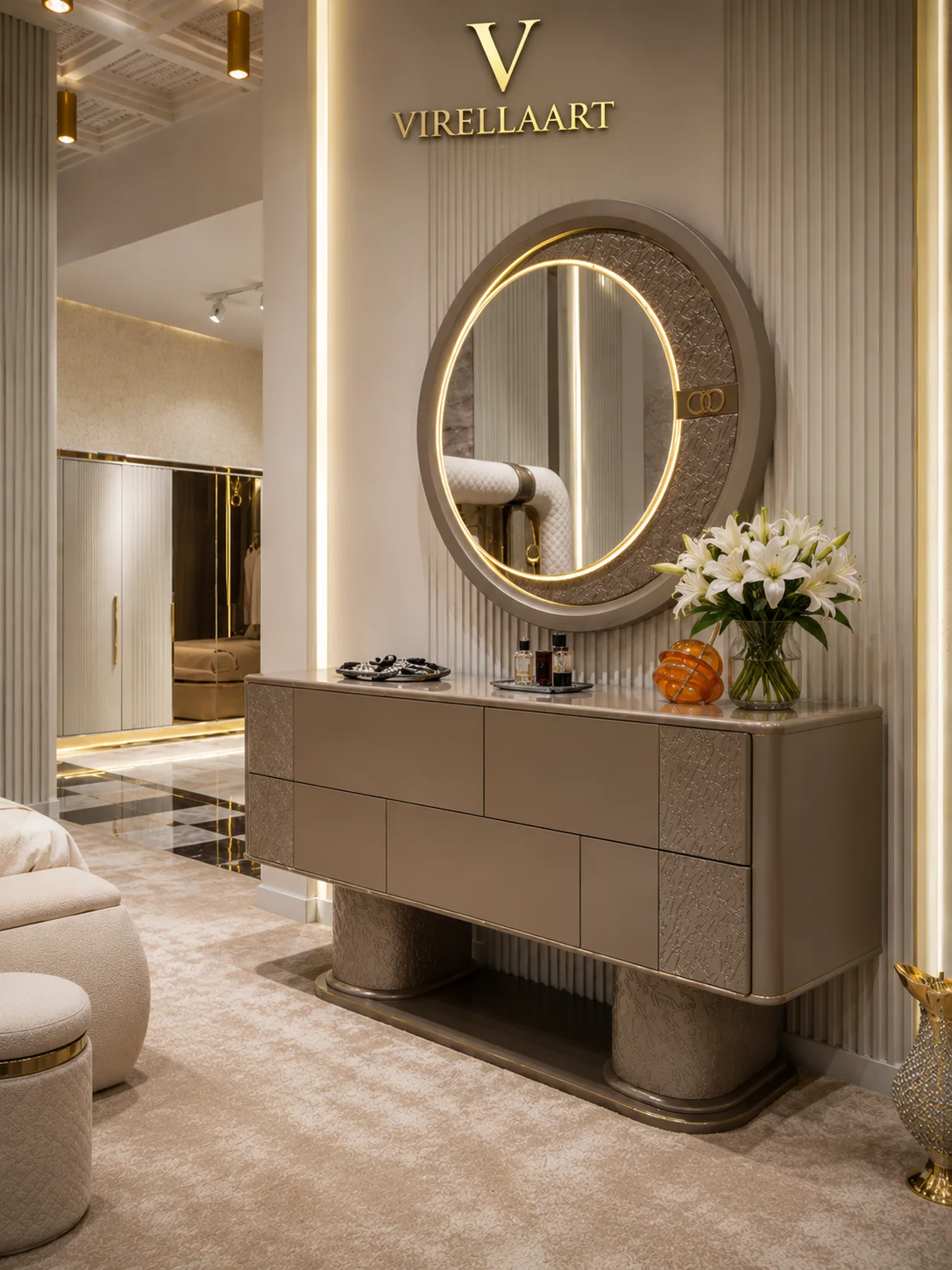 Aspendos taupe bedroom dresser with textured side panels, cylindrical pedestal bases and a large illuminated round mirror