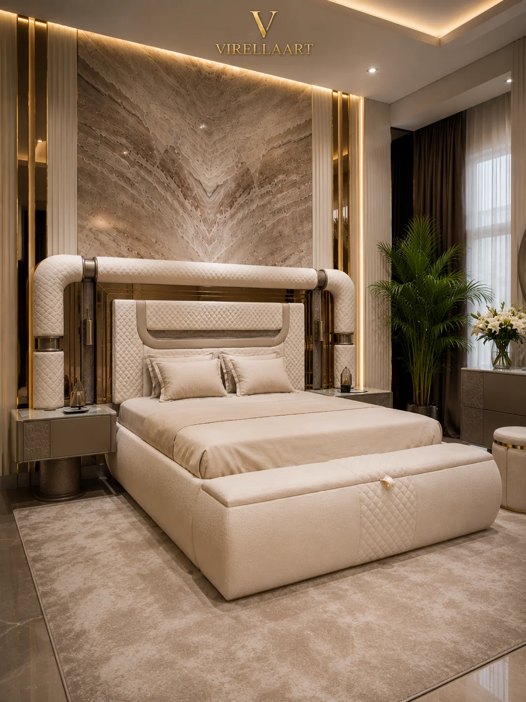 Three-quarter view of the Aspendos cream upholstered bed with quilted headboard, matching nightstands and padded storage bench