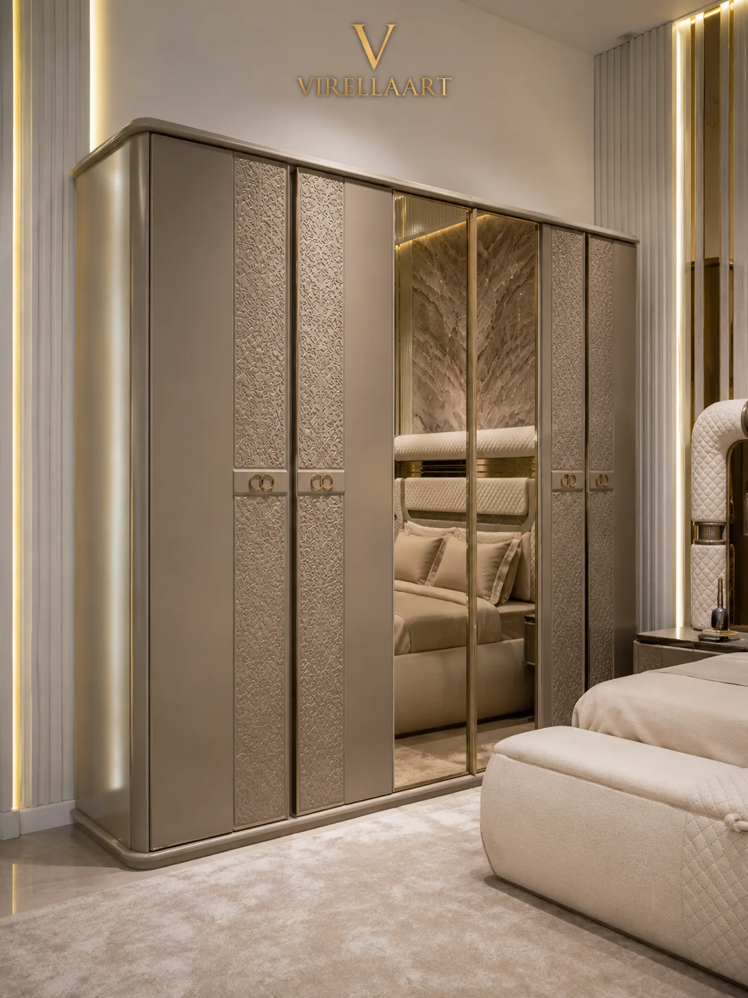 Aspendos taupe wardrobe with textured door panels, gold-tone handles and central full-length mirrored doors