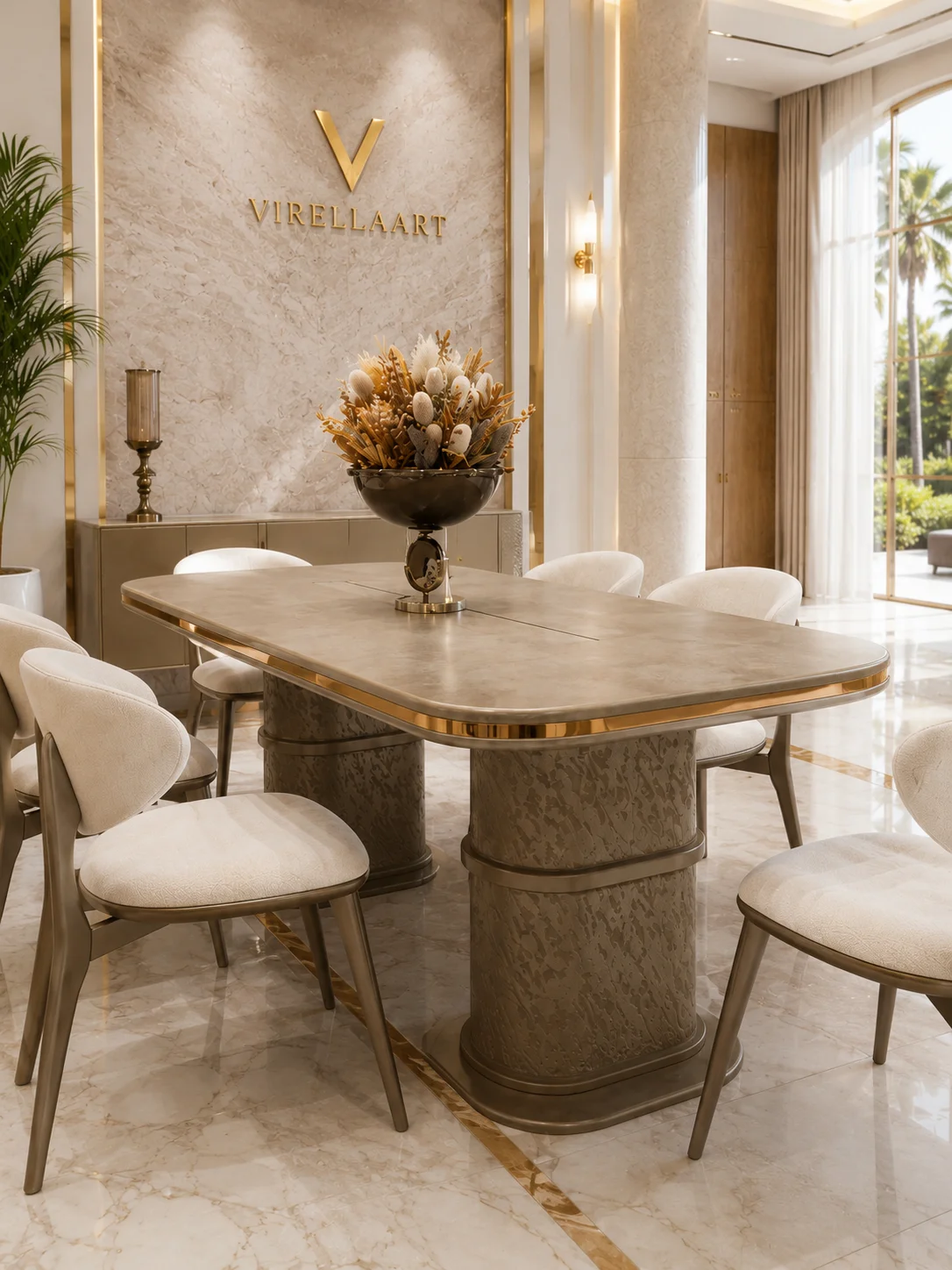 Aspendos dining table close-up with a taupe top, bronze-tone trim, sculptural pedestal bases and ivory upholstered chairs