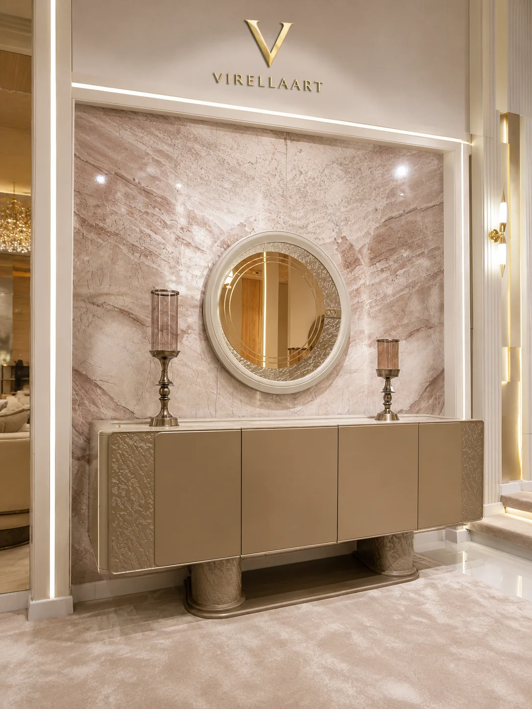 Aspendos taupe console cabinet with textured side panels, sculptural pedestal base and a large illuminated round mirror