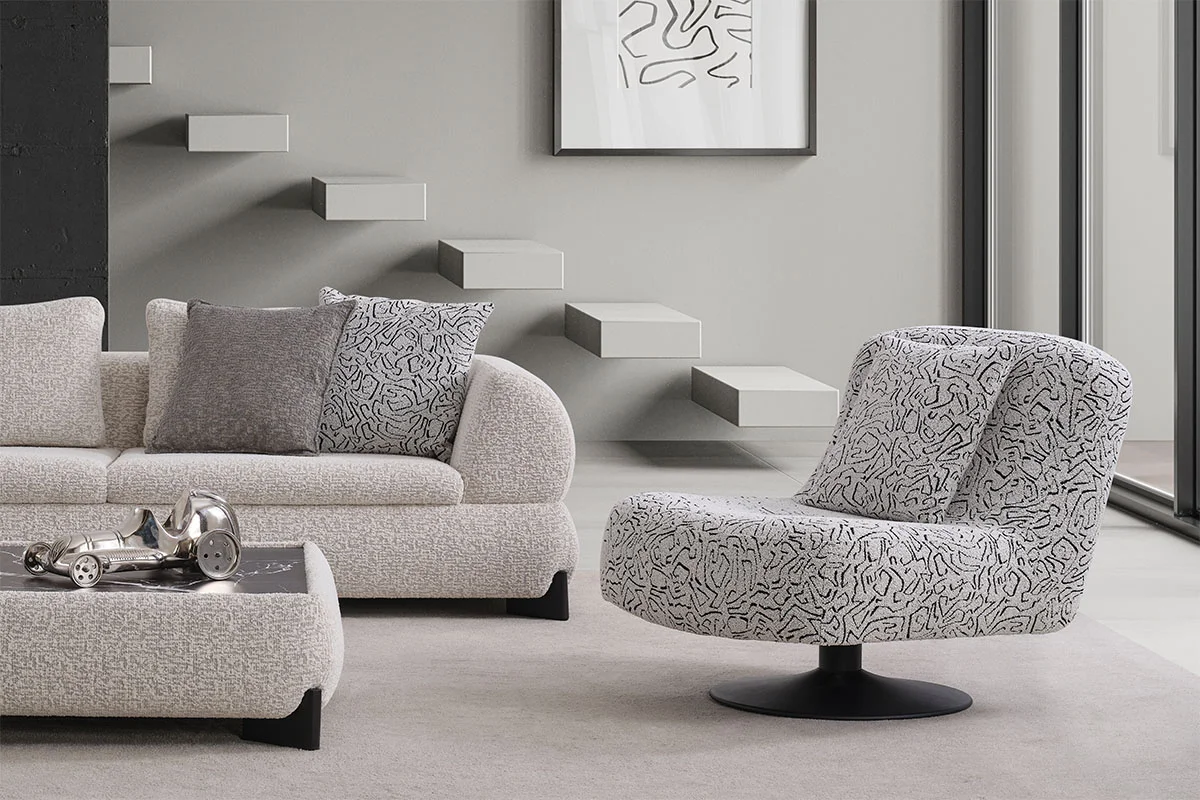 Aura corner sofa composition showing its soft curved backrests, deep seats and coordinated contemporary living room pieces