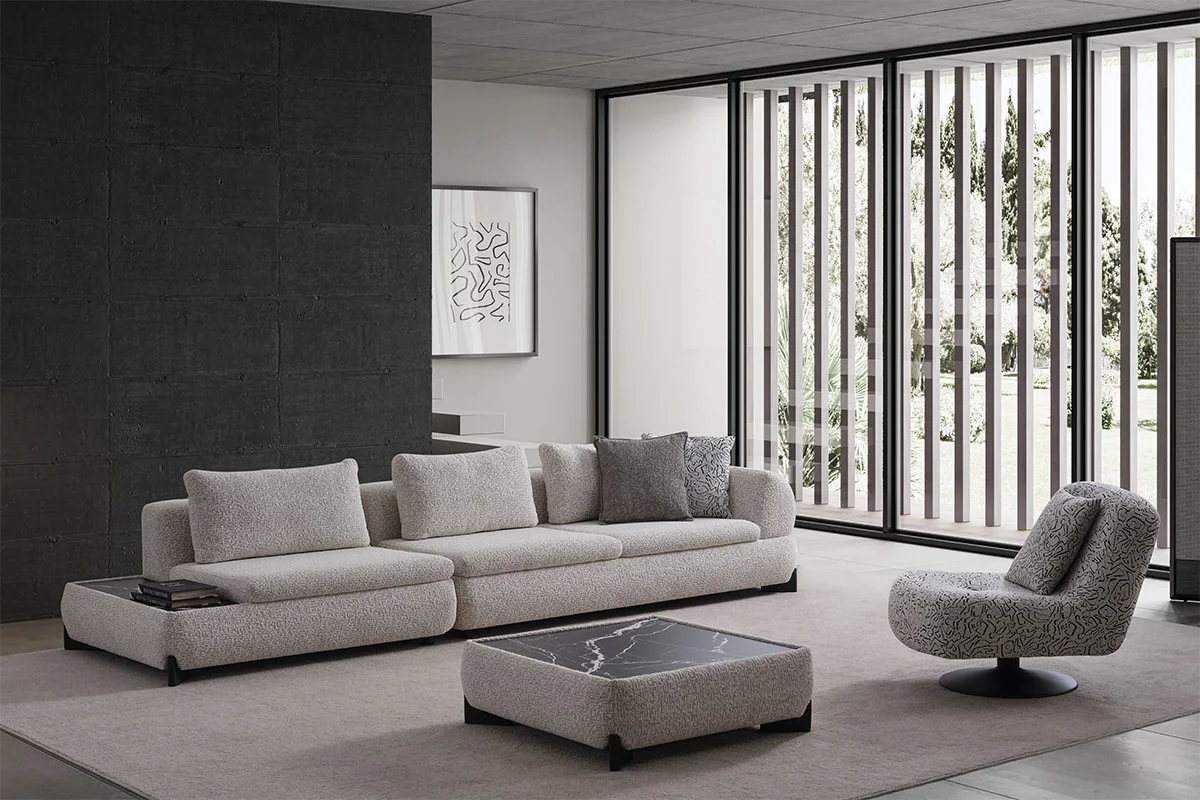 Complete Aura Corner Sofa Set arranged in a refined contemporary interior with warm architectural lighting