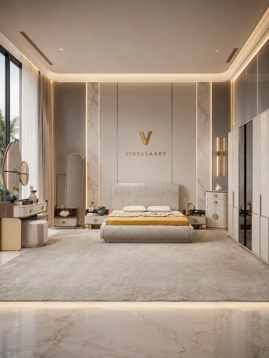 AVELLA modern bedroom set with storage bed, wardrobe and coordinated furniture in a warm luxury interior