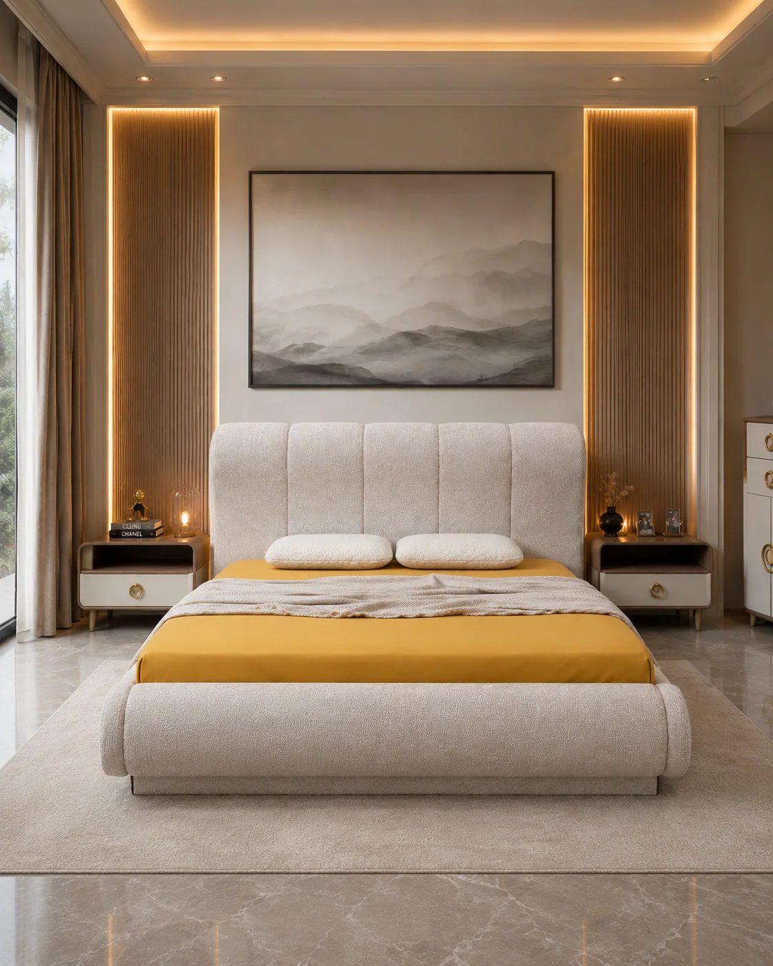 AVELLA storage bed with upholstered headboard, coordinated nightstands and contemporary wall panel