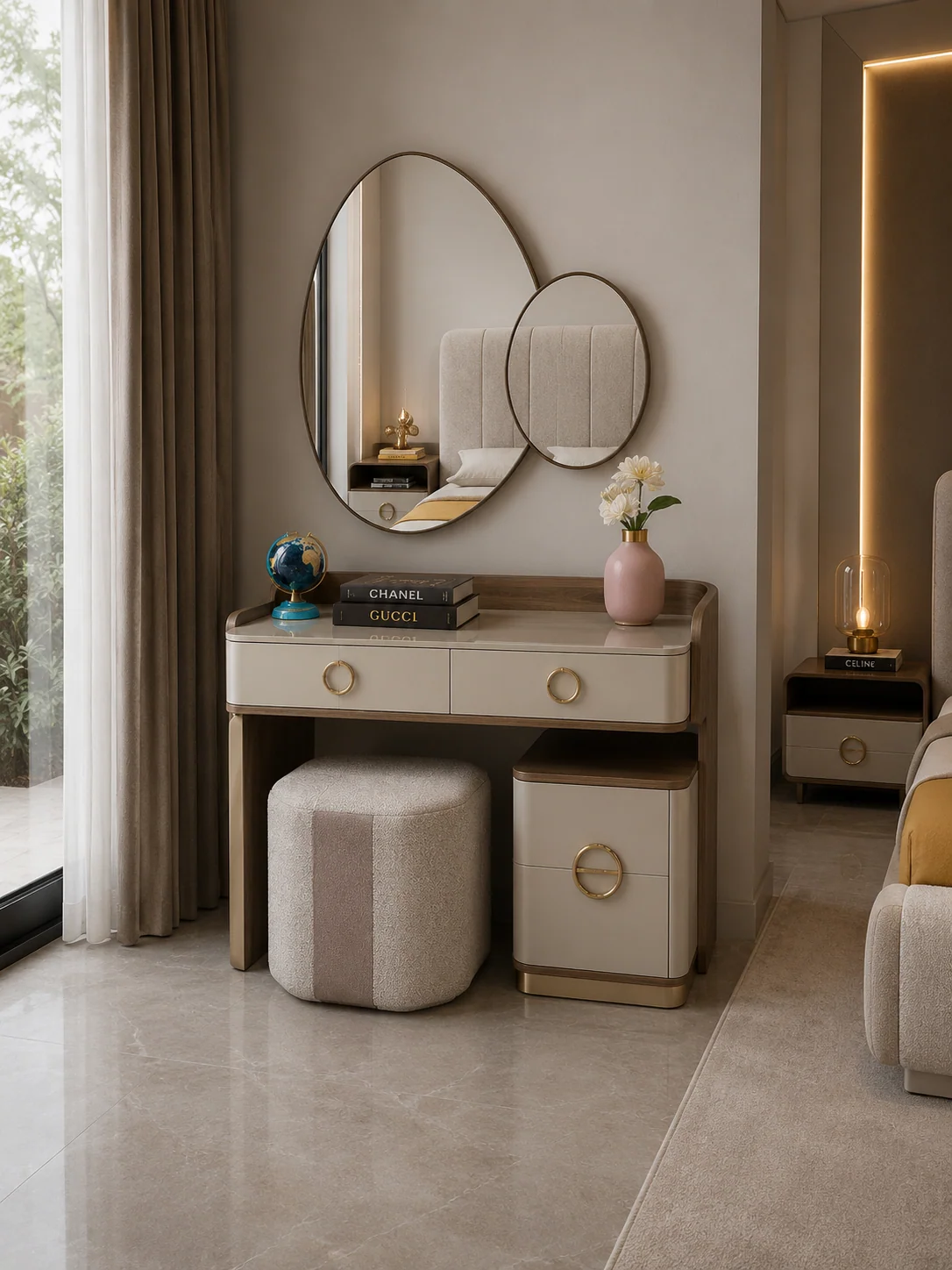 AVELLA dresser with rounded mirror, matching pouf and modern chest of drawers