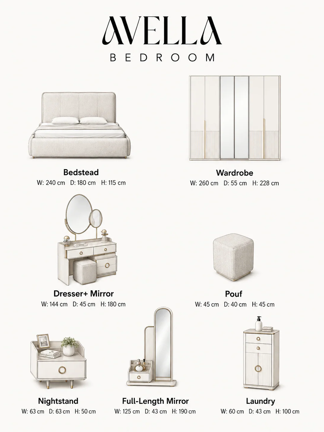 AVELLA complete bedroom set presentation with wardrobe, storage bed, dresser, nightstands, pouf and mirrors