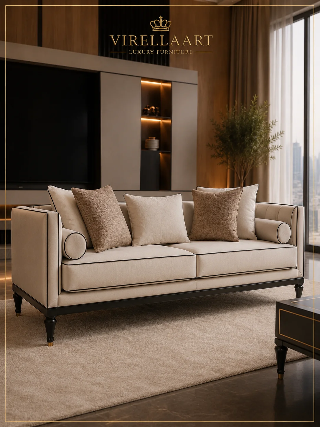 Bahar ivory three-seat sofa front view with black piping, cylindrical bolster cushions and black turned legs