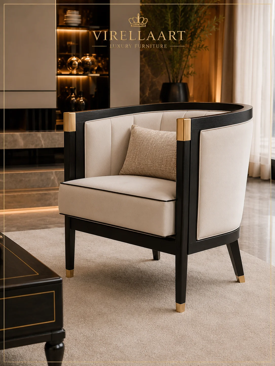Bahar ivory armchair with a curved black frame, gold-tone corner accents and a textured beige cushion