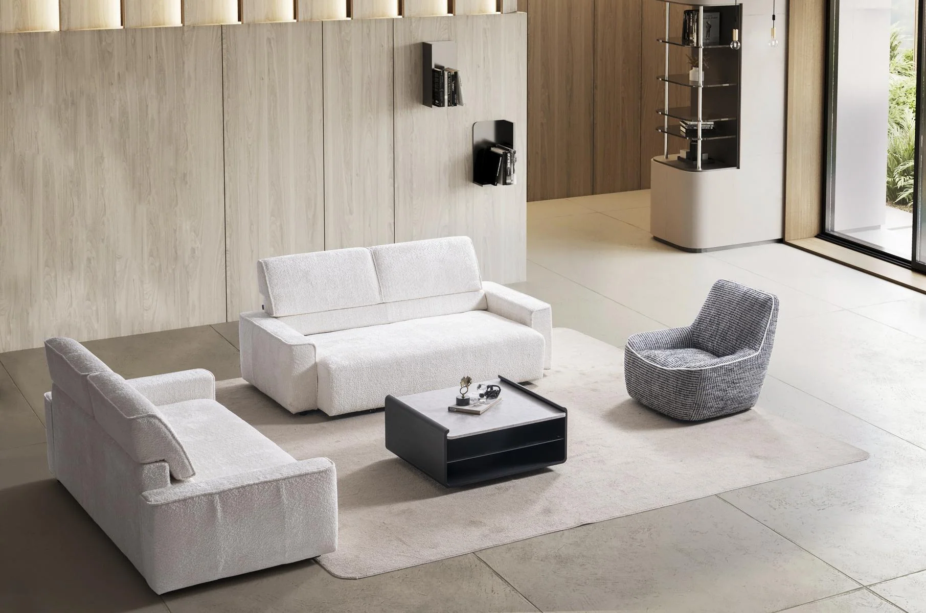 BAHAR luxury light-toned sofa collection viewed from an elevated room angle