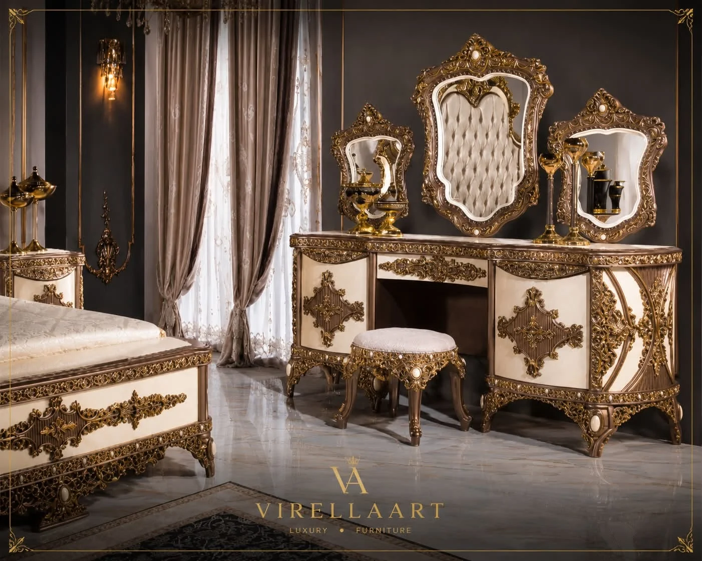 Milano cream dressing table with richly carved gold-tone framing, three decorative mirrors and a matching upholstered stool
