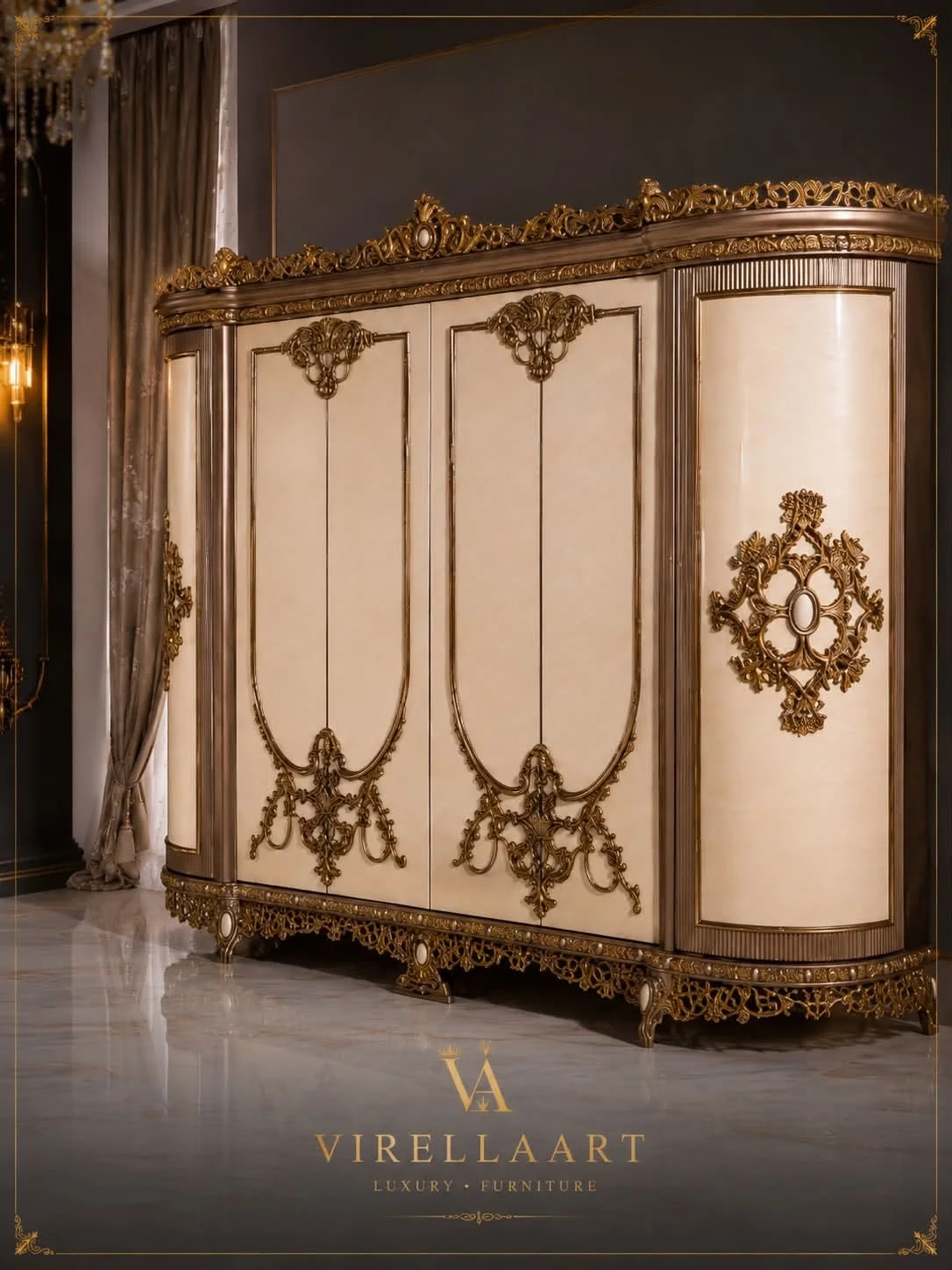 Milano cream wardrobe with rounded side doors, elaborate gold-tone ornaments, carved crown and decorative base trim