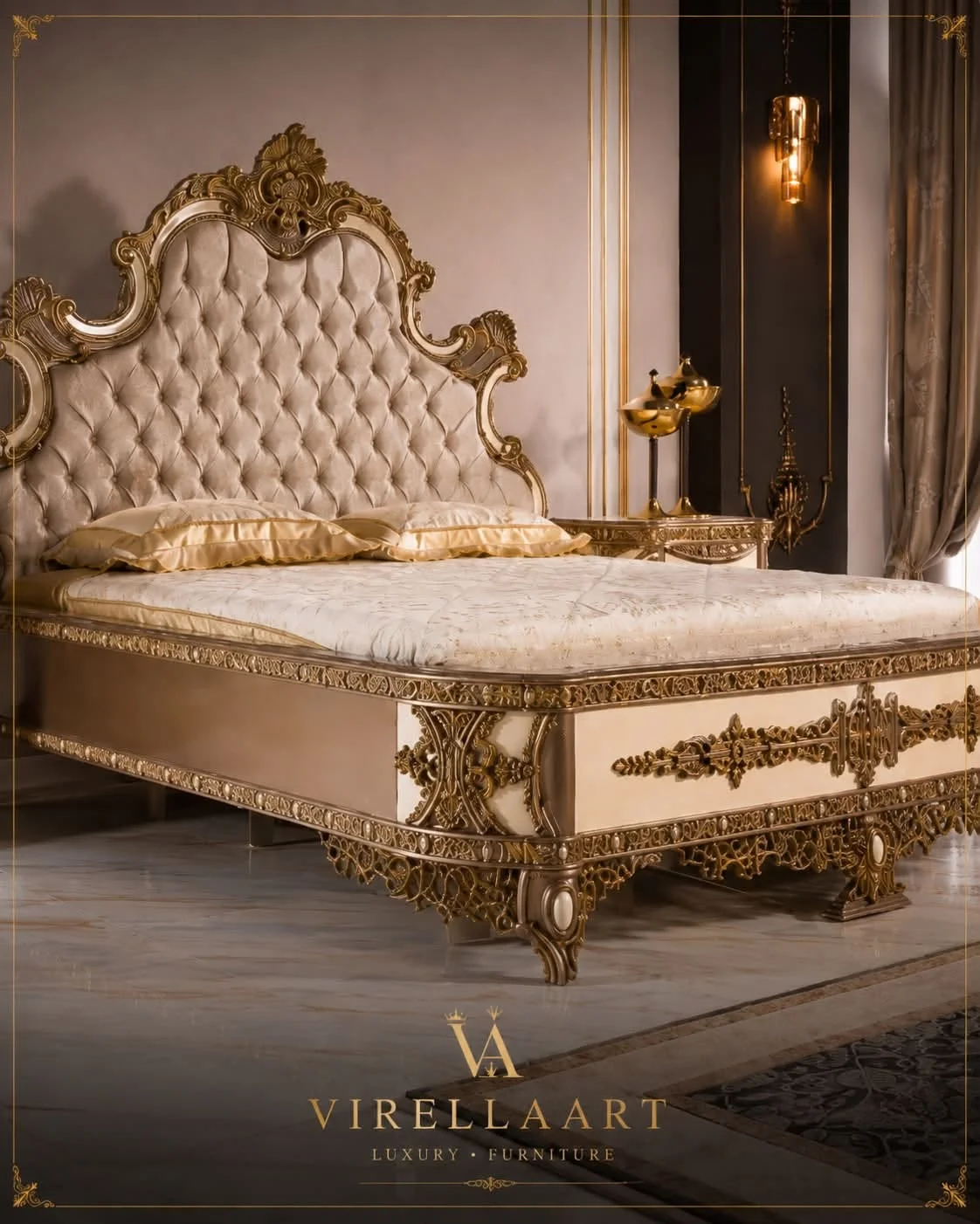 Close view of the Milano bed with a tall cream button-tufted headboard, sculpted gold-tone crest and ornate carved footboard