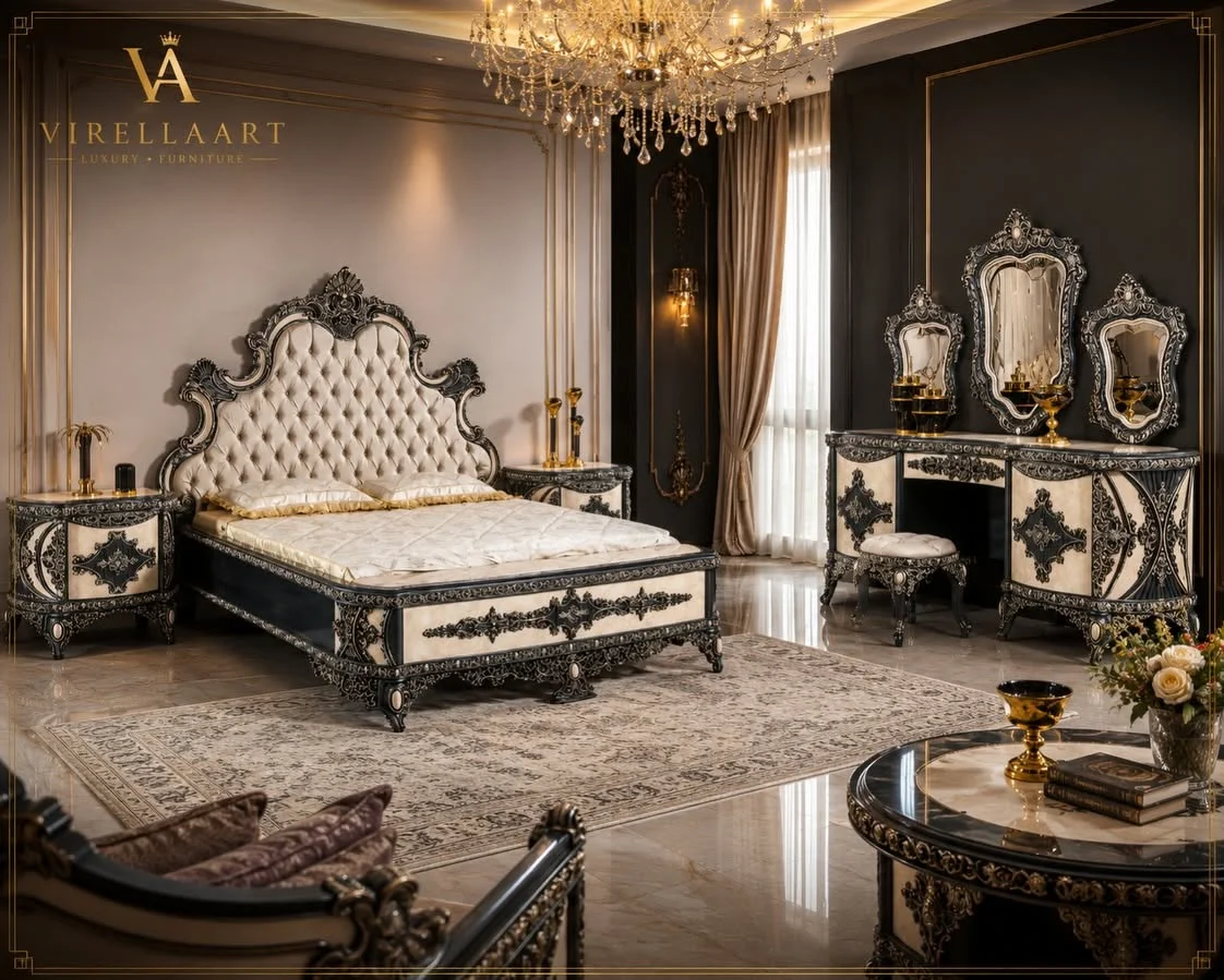 Milano Bedroom (Blue Edition) arrangement with a cream tufted bed, ornate nightstands and a matching dressing table with three decorative mirrors