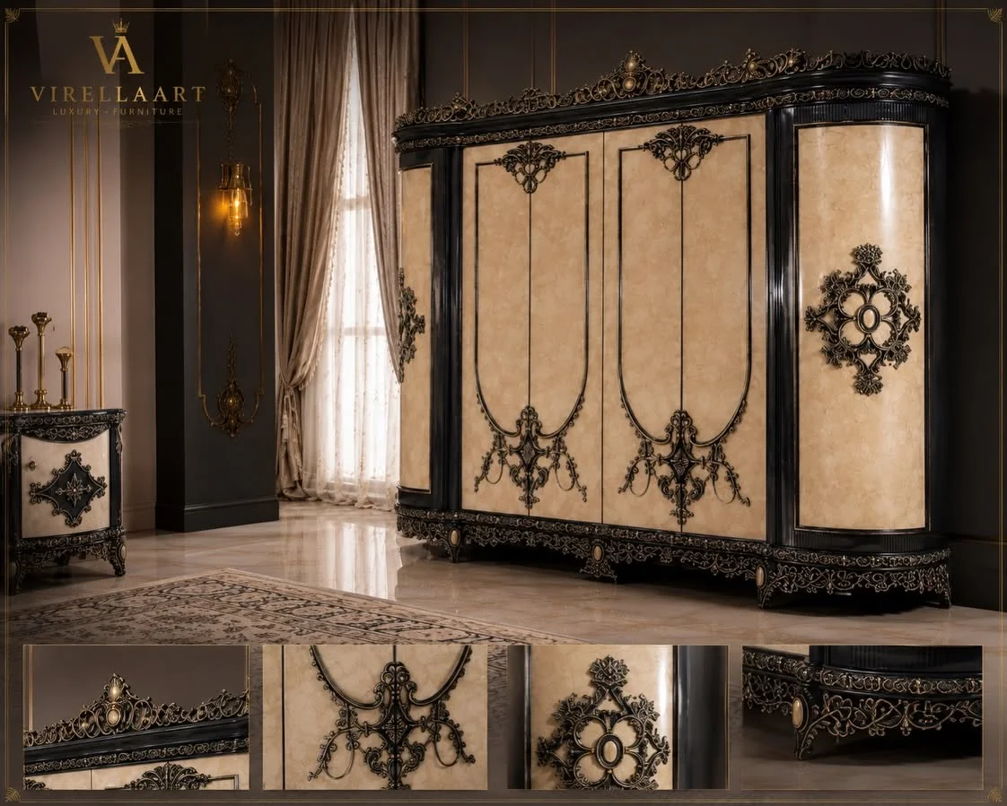 Milano Blue cream wardrobe with curved side panels, elaborate dark carved ornaments, crowned top and coordinated decorative base