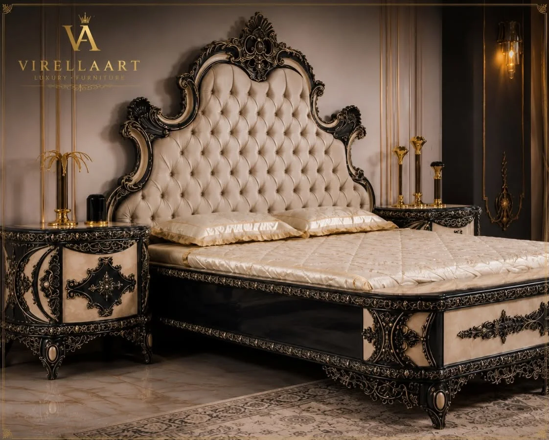 Close-up of the Milano Blue bed with a tall cream button-tufted headboard, dark carved frame, matching nightstands and ornate footboard