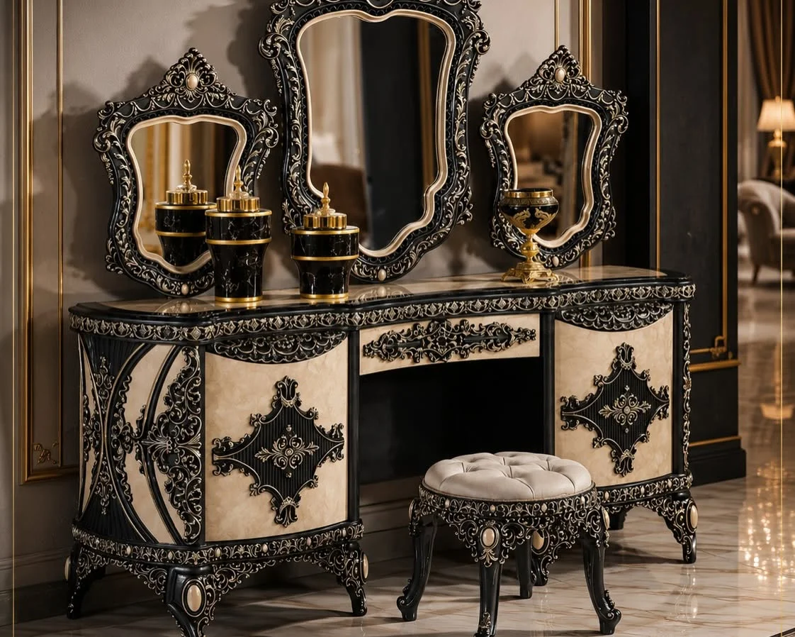 Milano Blue cream dressing table with elaborate dark carved framing, three decorative mirrors and a matching round tufted stool