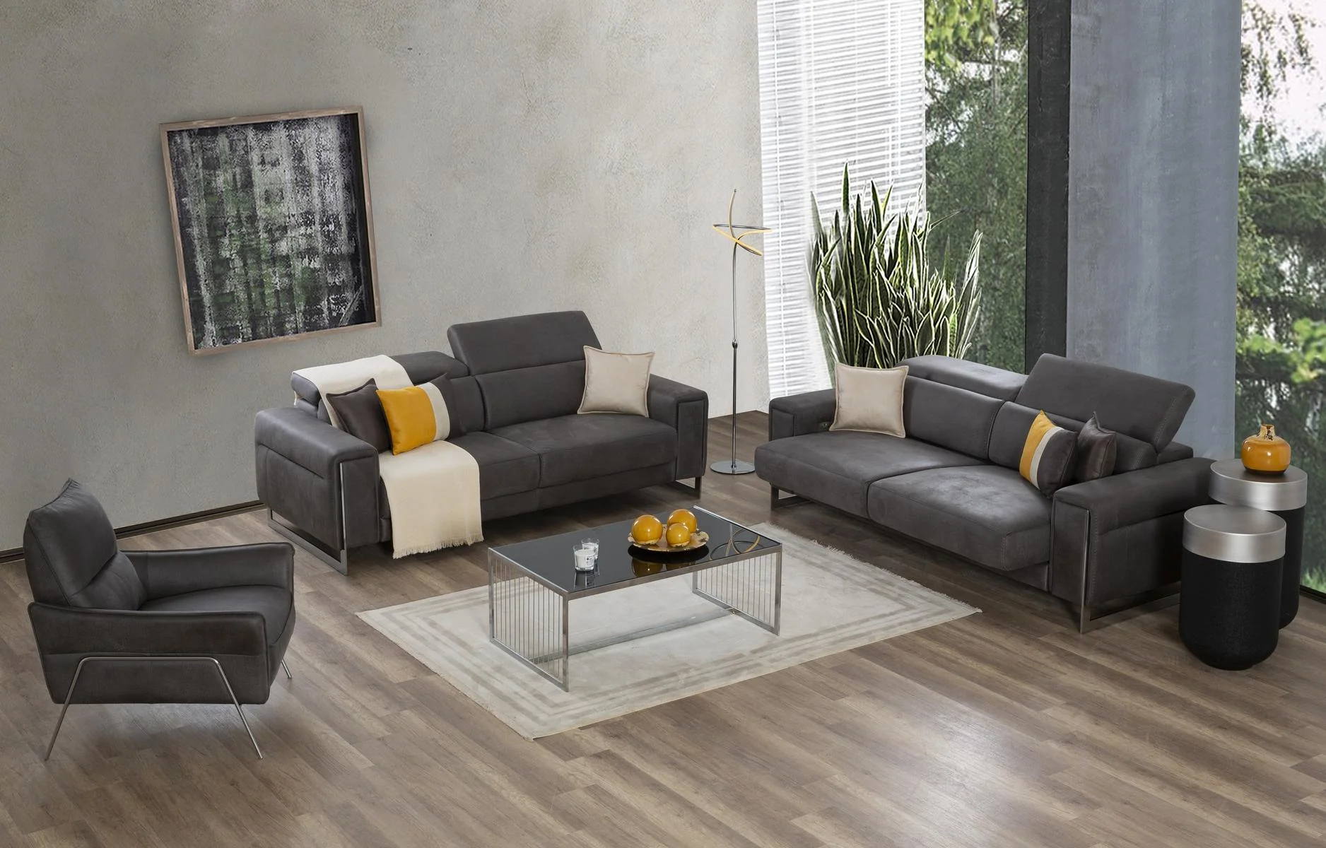 BEYRUT 3+3+1+1 luxury sofa set with structured seating and yellow accent cushions