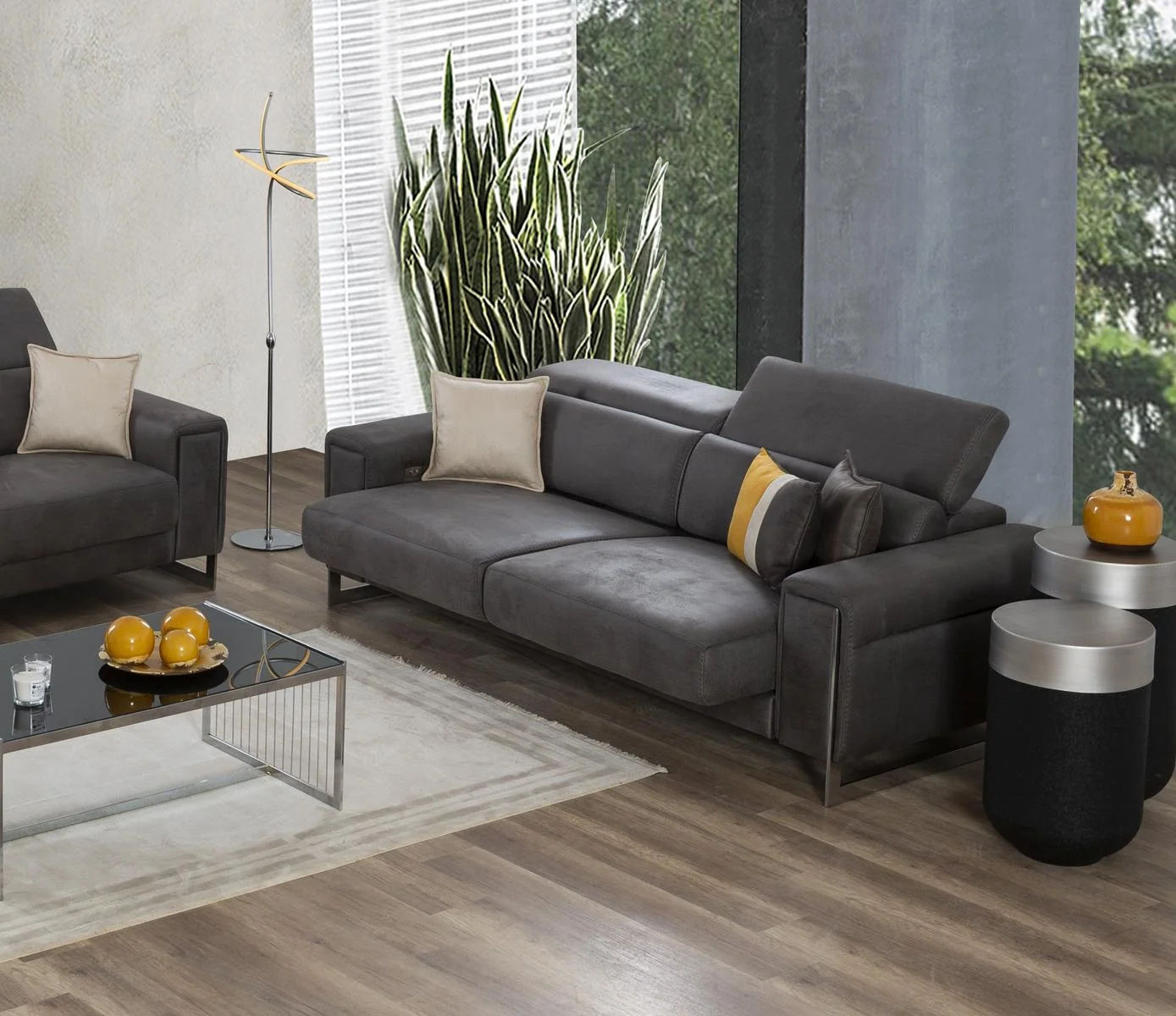 BEYRUT contemporary three-seat sofa and armchair collection viewed from an elevated angle