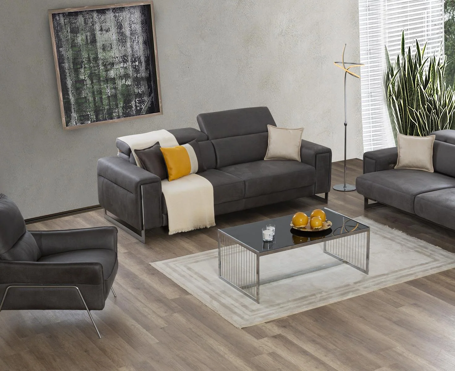 BEYRUT modern dark sofa with segmented back design and contrasting decorative cushions