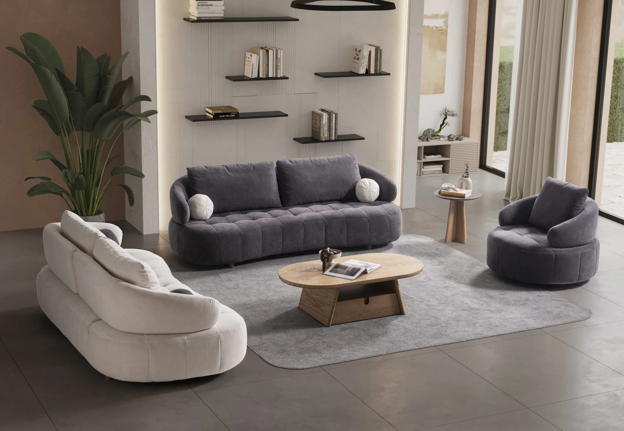 BOSTON 3+3+1+1 sofa set arranged around a wooden center table in a bright modern interior