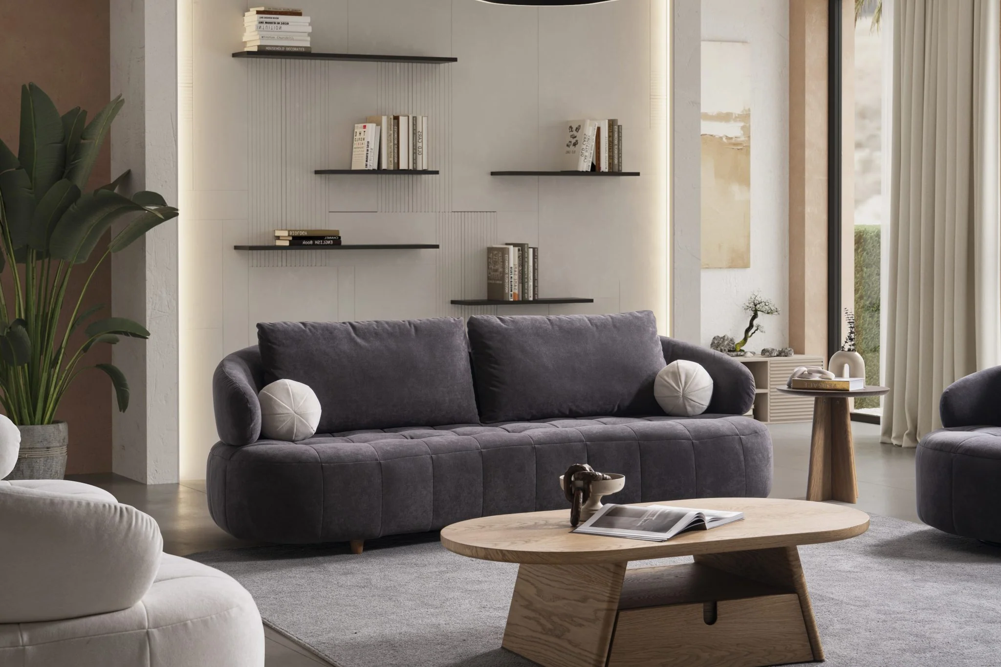 BOSTON charcoal three-seat sofa with wraparound arms and softly structured back cushions