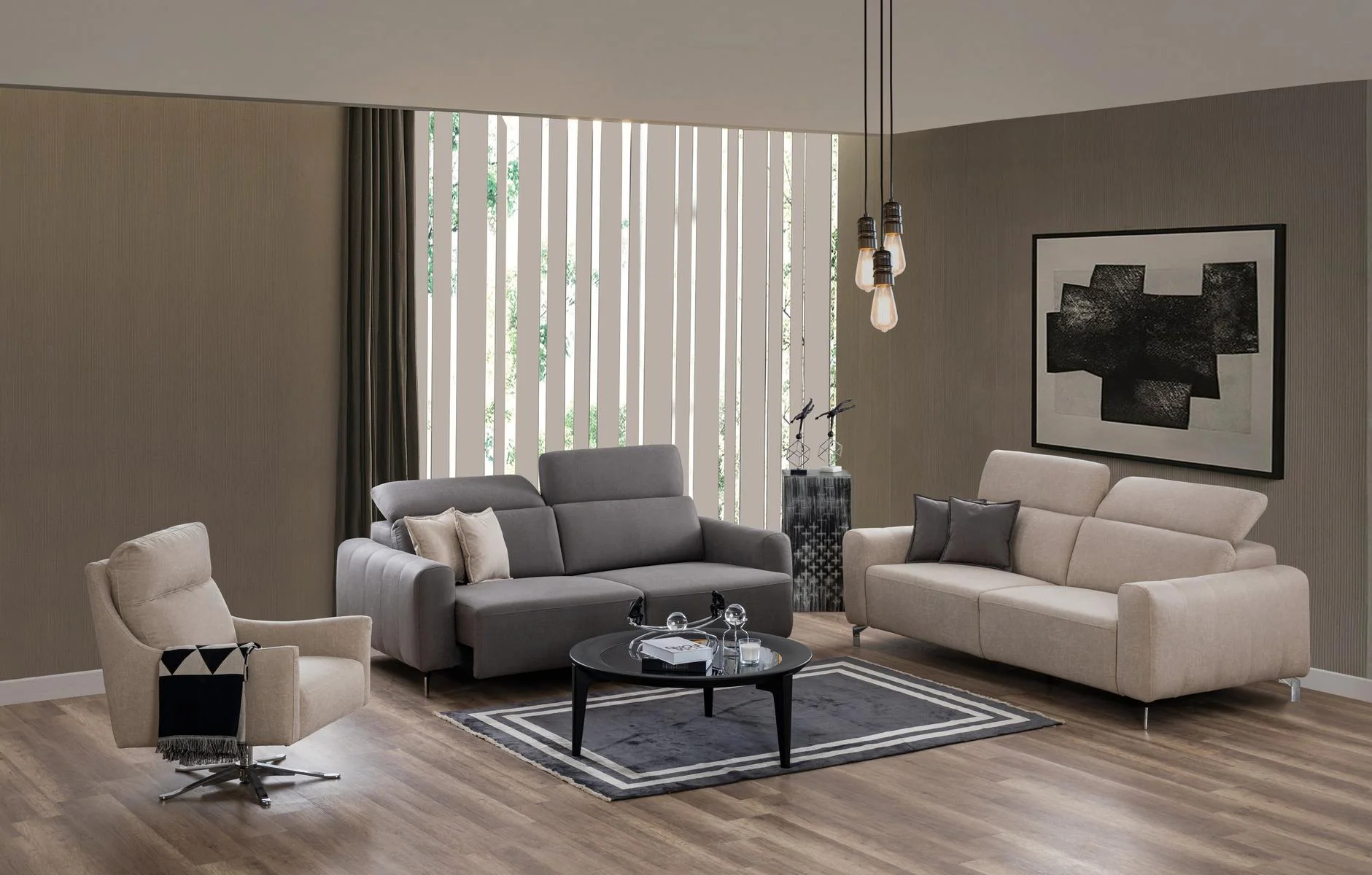 BURGAZ 3+3+1+1 luxury sofa set with grey and warm taupe seating