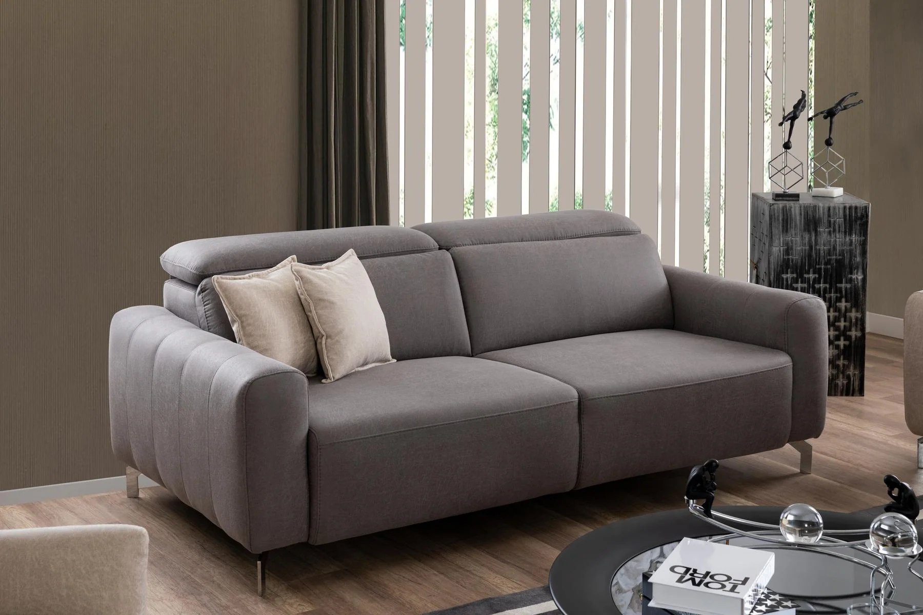 BURGAZ three-seat modern sofa with layered back cushions and broad upholstered arms