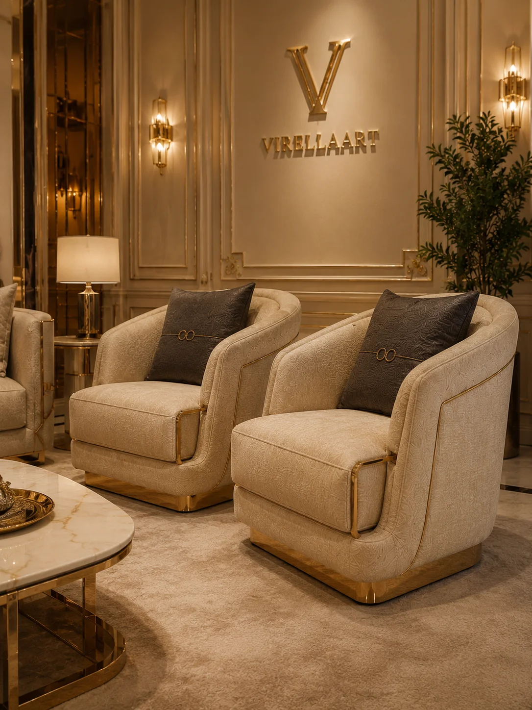 Pair of Deluxe ivory armchairs with curved backs, gold-tone trim and charcoal accent cushions