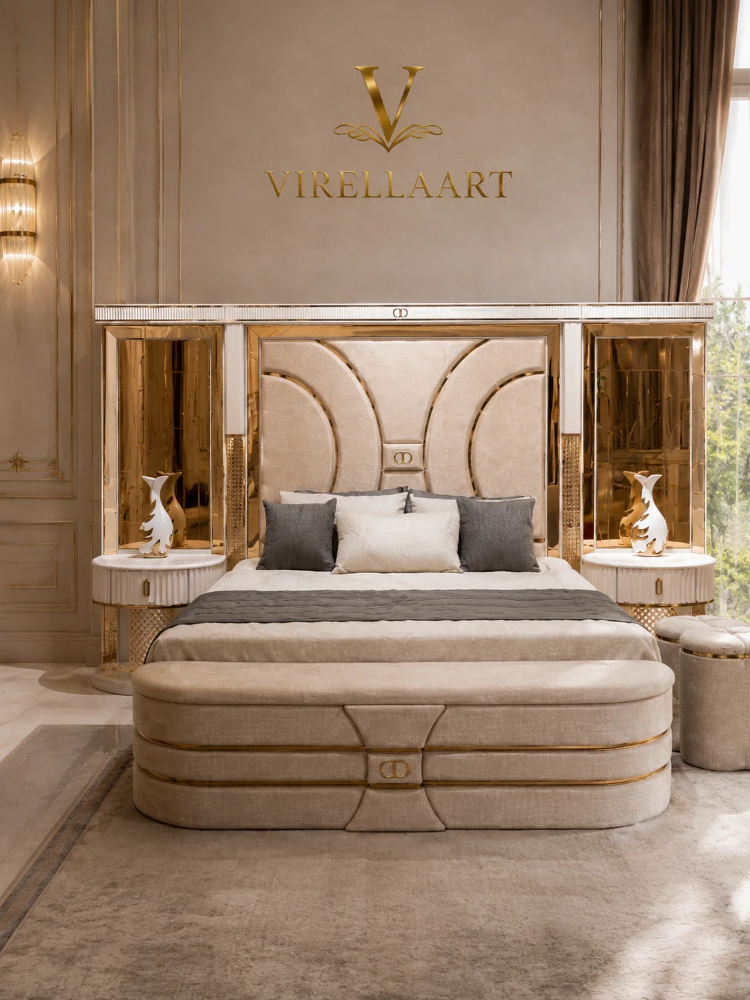 Front view of the Deluxe cream bed with a tall curved upholstered headboard, mirrored side panels, matching nightstands and padded bench