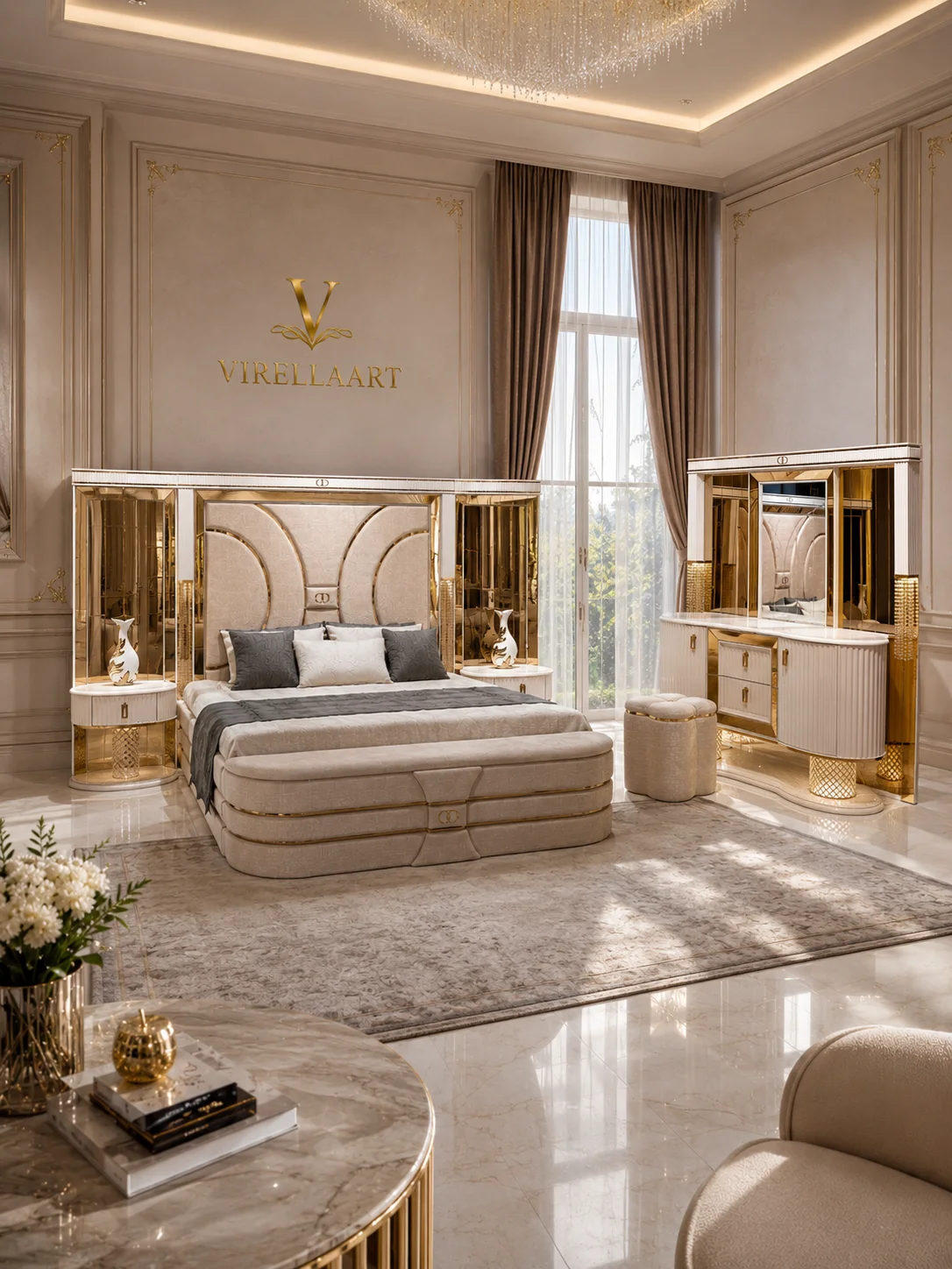 Deluxe bedroom arrangement with cream upholstered bed, coordinated nightstands, padded bench and matching mirrored dresser