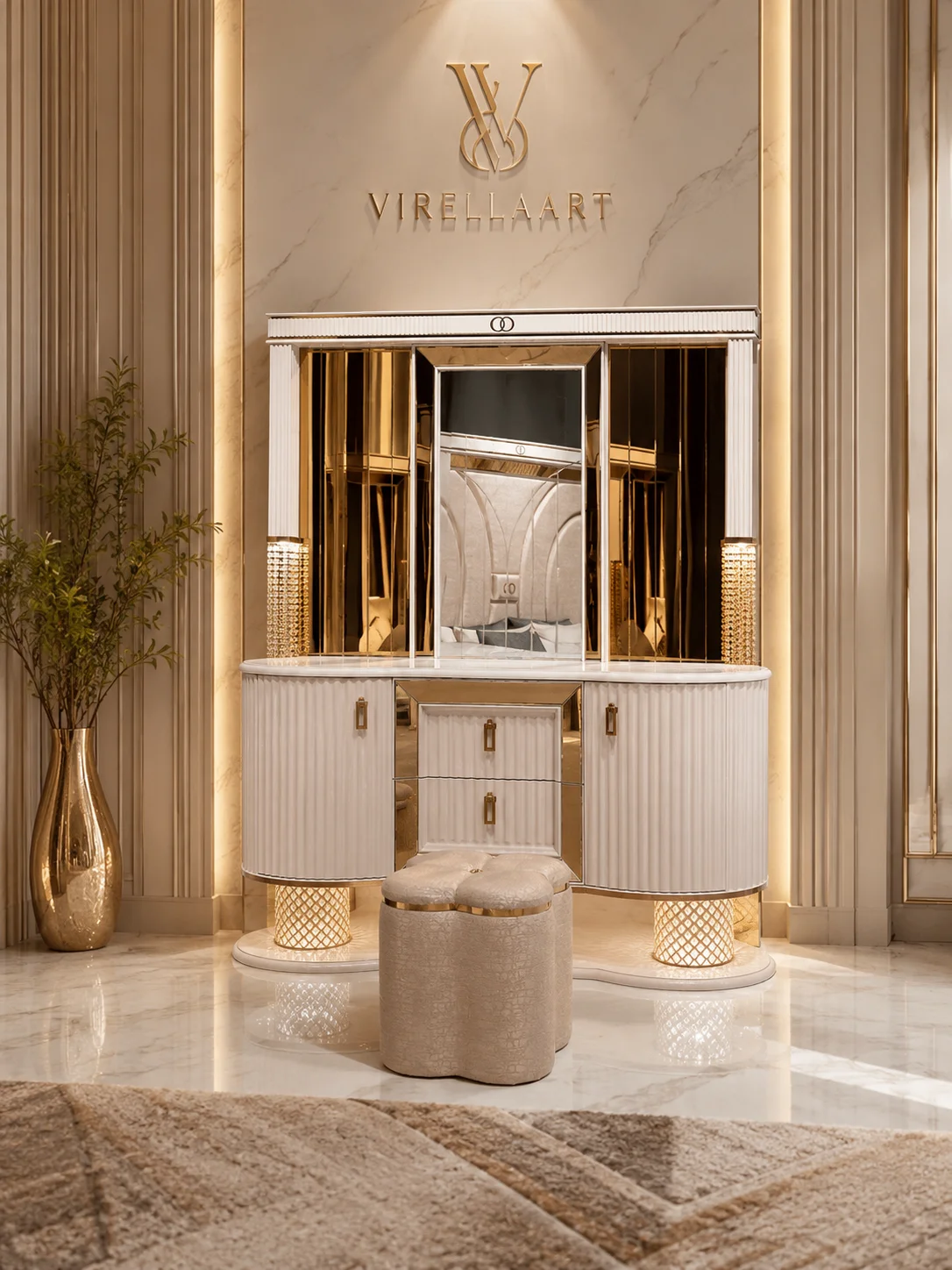 Deluxe cream bedroom dresser with ribbed curved doors, gold-tone details, three-part mirror and matching upholstered stool