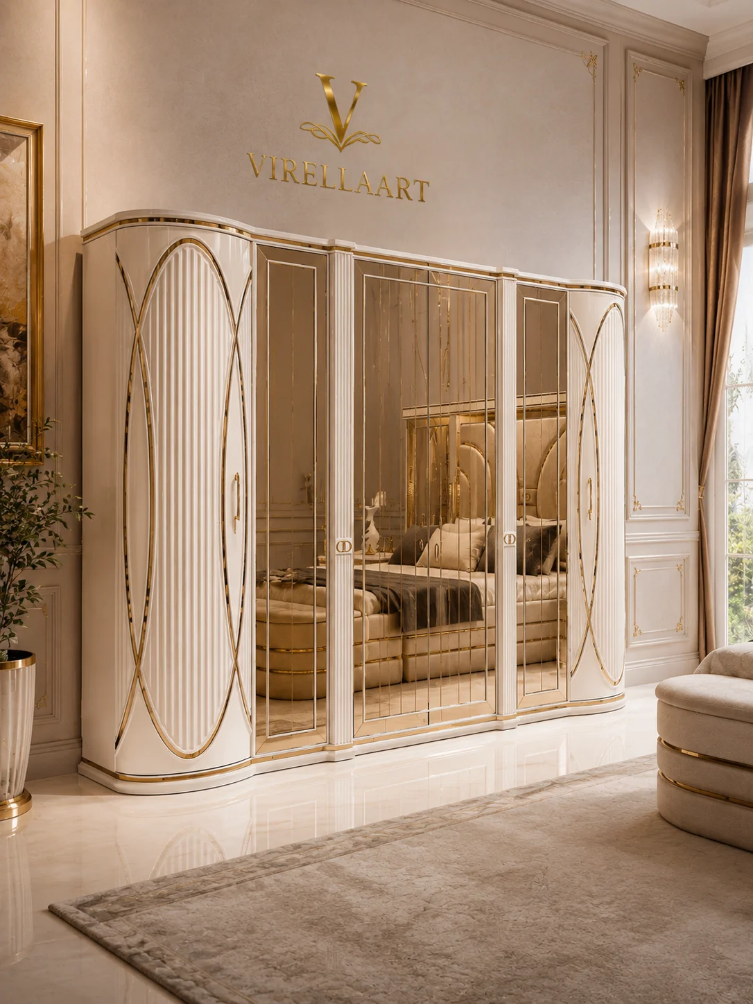 Deluxe cream wardrobe with curved ribbed side doors, central full-length mirrors and polished gold-tone trim