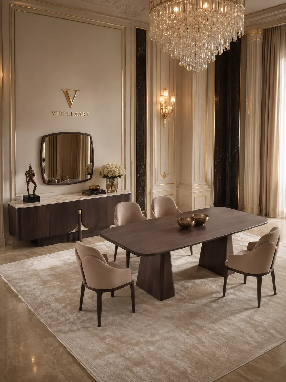 Luxury dining room with a statement mirror, elegant dining table and refined interior styling