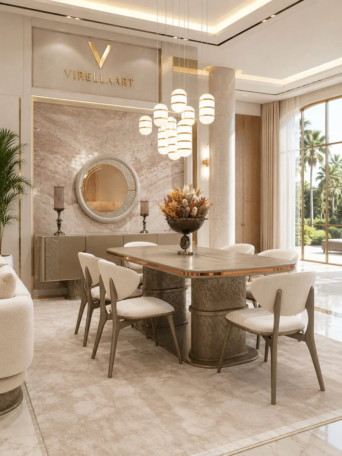 Luxury dining room rug proportionately arranged beneath a dining table and chairs