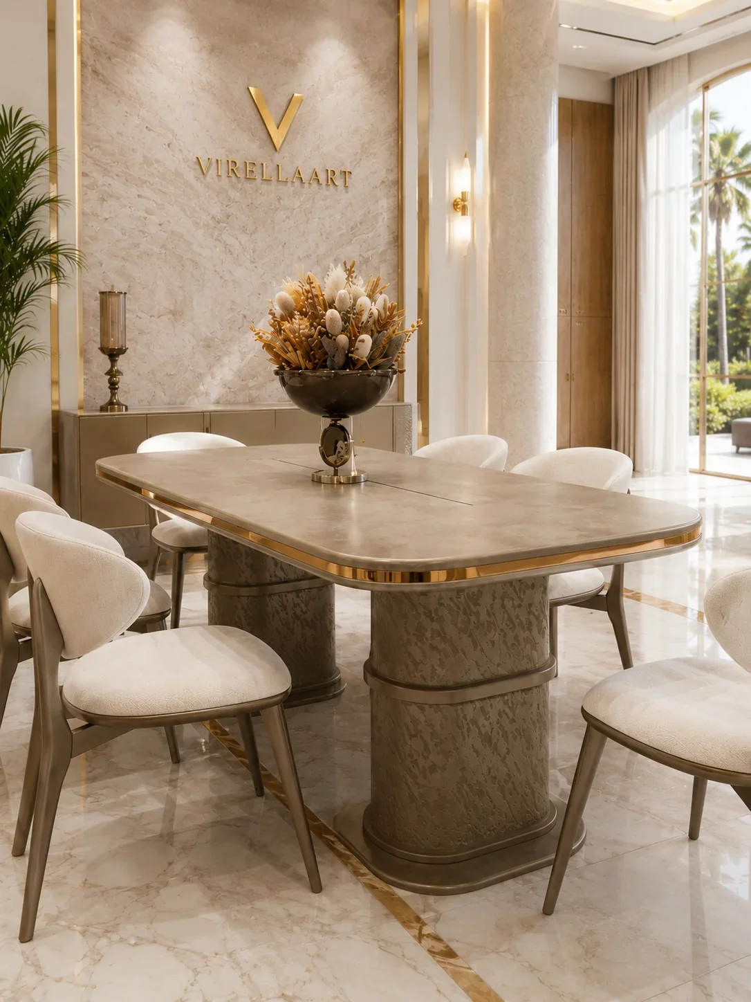 Luxury dining table arranged proportionately with surrounding chairs in an elegant dining room