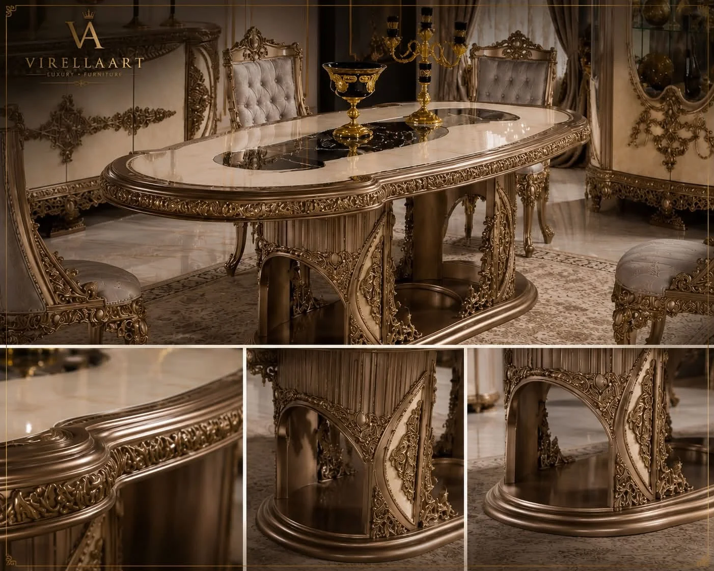 Milano dining table detail collage showing the cream top, black marble-look inlays, ornate bronze-tone edge and sculptural carved pedestal base