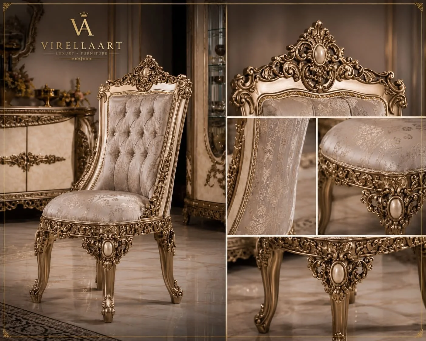 Milano dining chair detail collage with cream tufted upholstery, patterned fabric and an elaborate bronze-tone carved frame