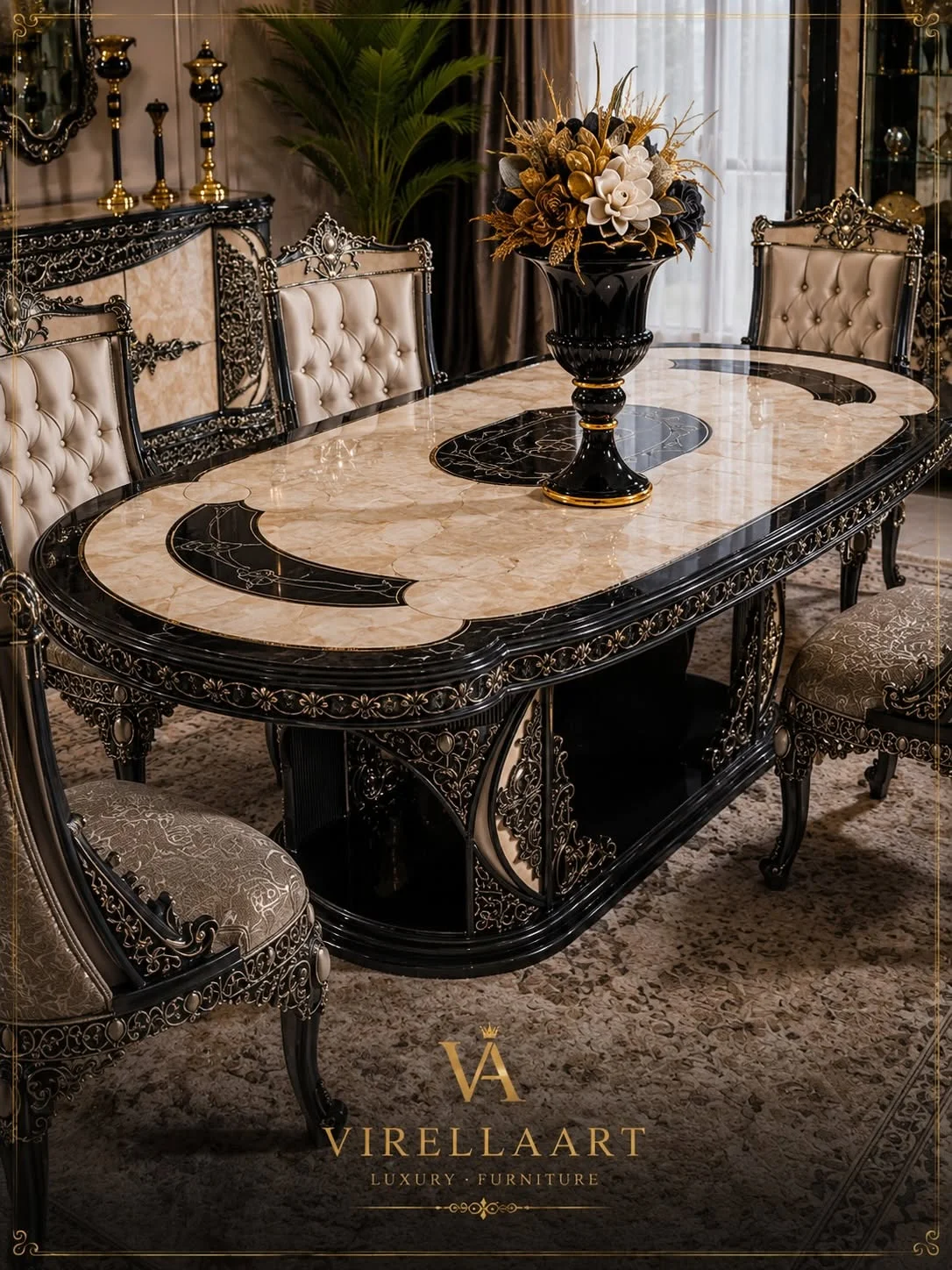 Close-up of the Milano Blue oval dining table with a cream marble-look top, curved black inlays, carved pedestal base and tufted chairs