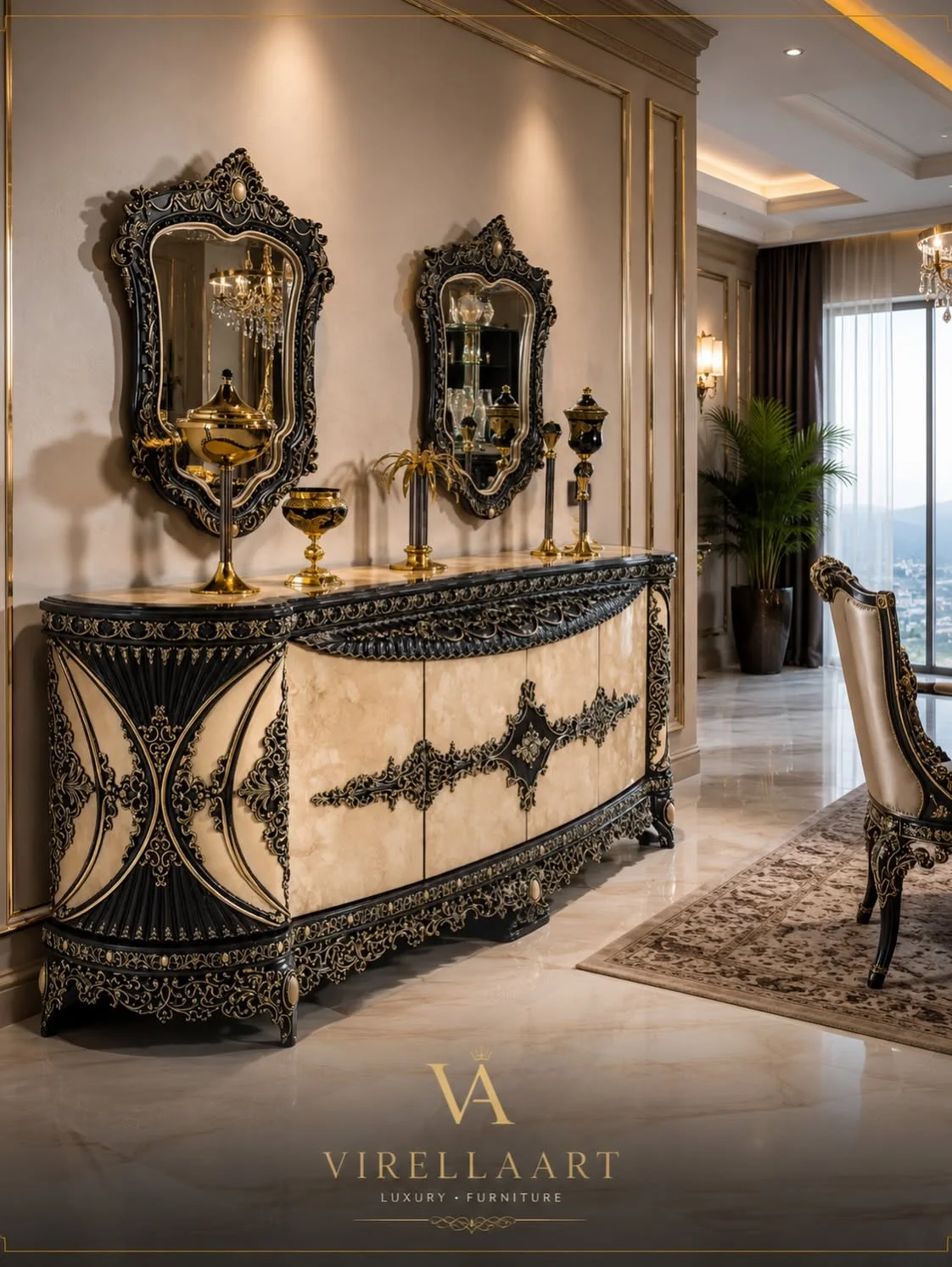 Milano Blue cream sideboard with elaborate black and gold-tone carved panels, decorative objects and two matching framed wall mirrors